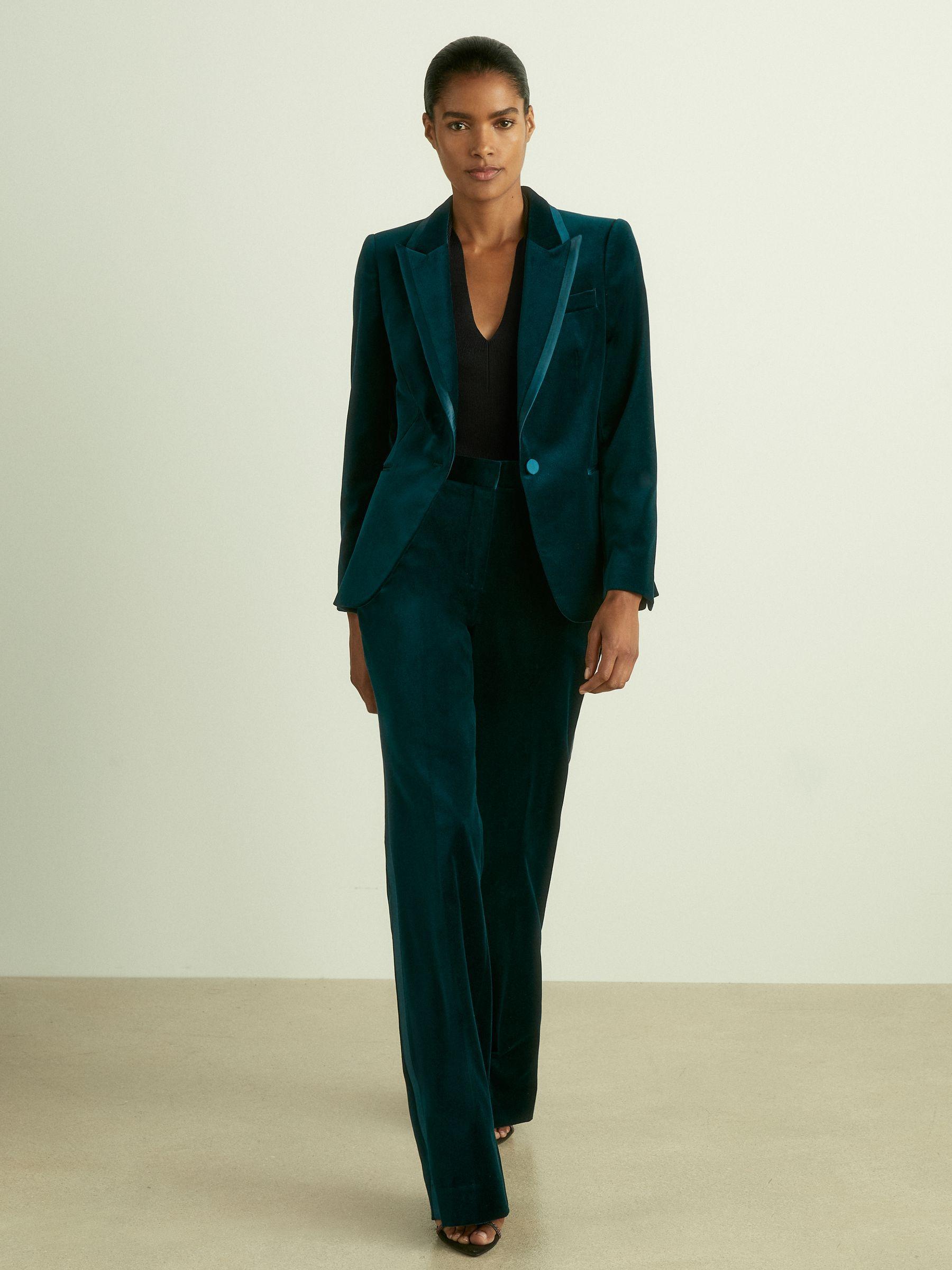 Petite Velvet Flared Suit Trousers in Teal Product Image
