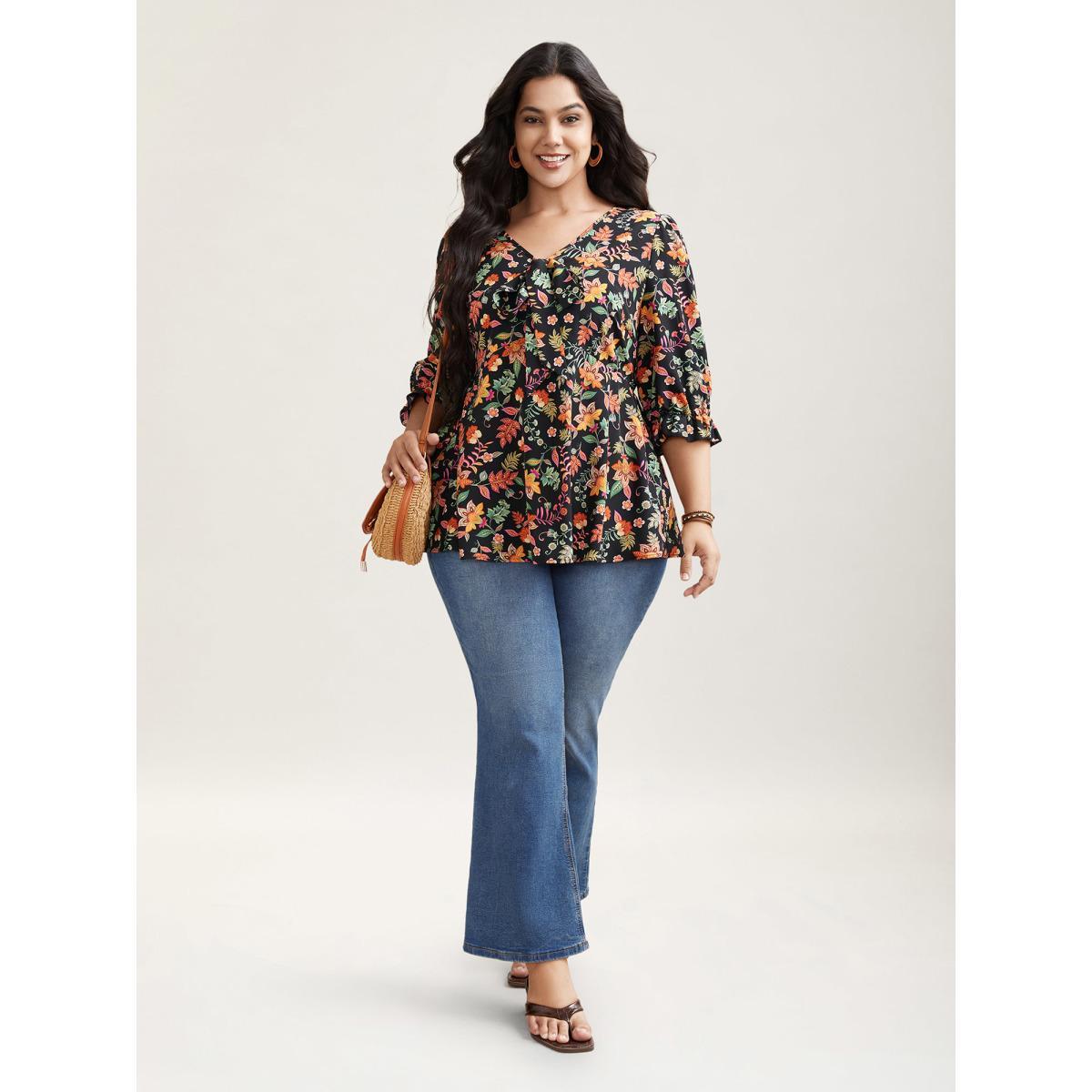 Plus Size Black Floral Print Knotted Neckline Flared Shirt Women Resort Elbow-length sleeve V-neck Vacation Blouses BloomChic 10/M Product Image