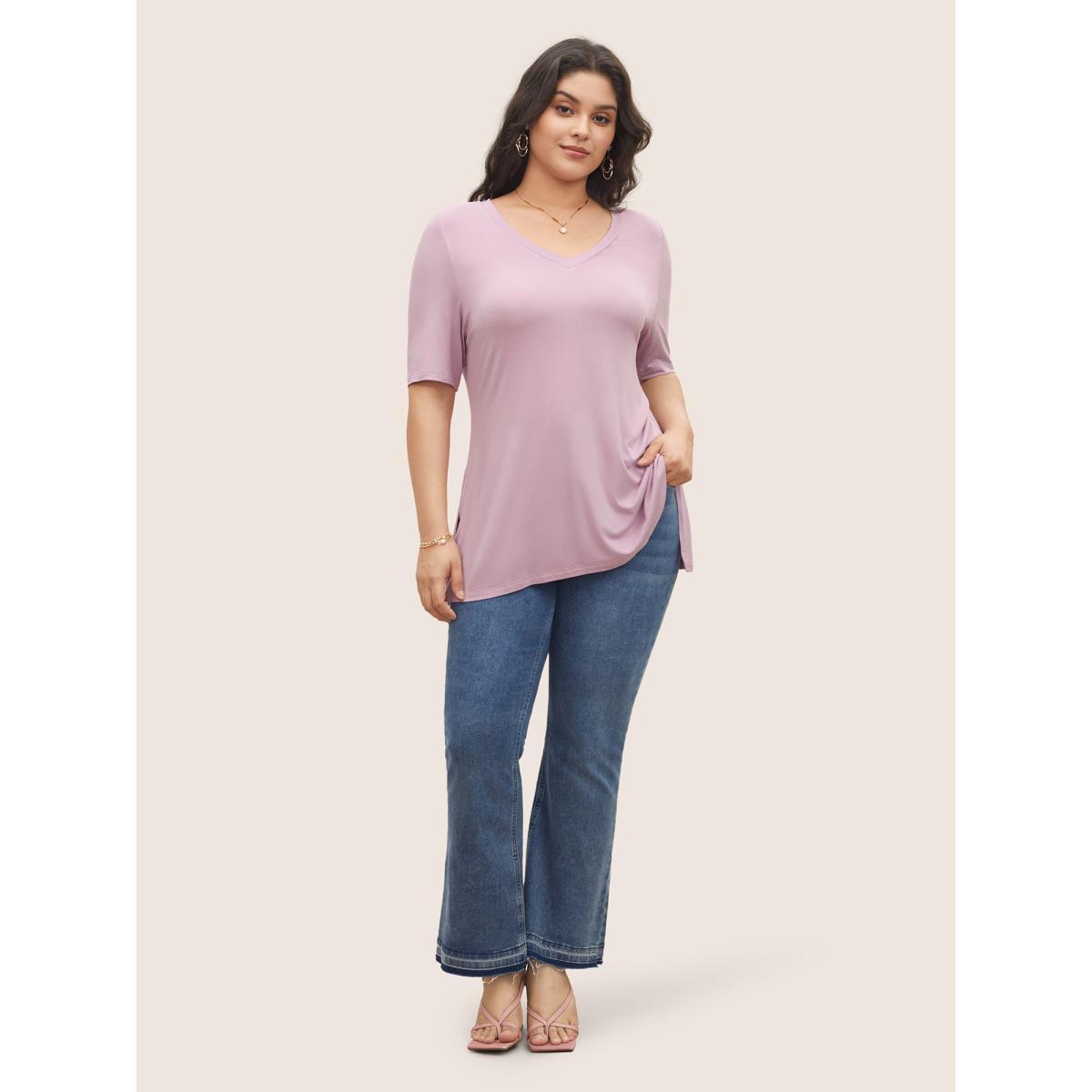 Plus Size Supersoft Essentials Solid Split Hem T-shirt Pink Women Casual Non Plain V-neck Everyday T-shirts BloomChic 18-20/2X Product Image