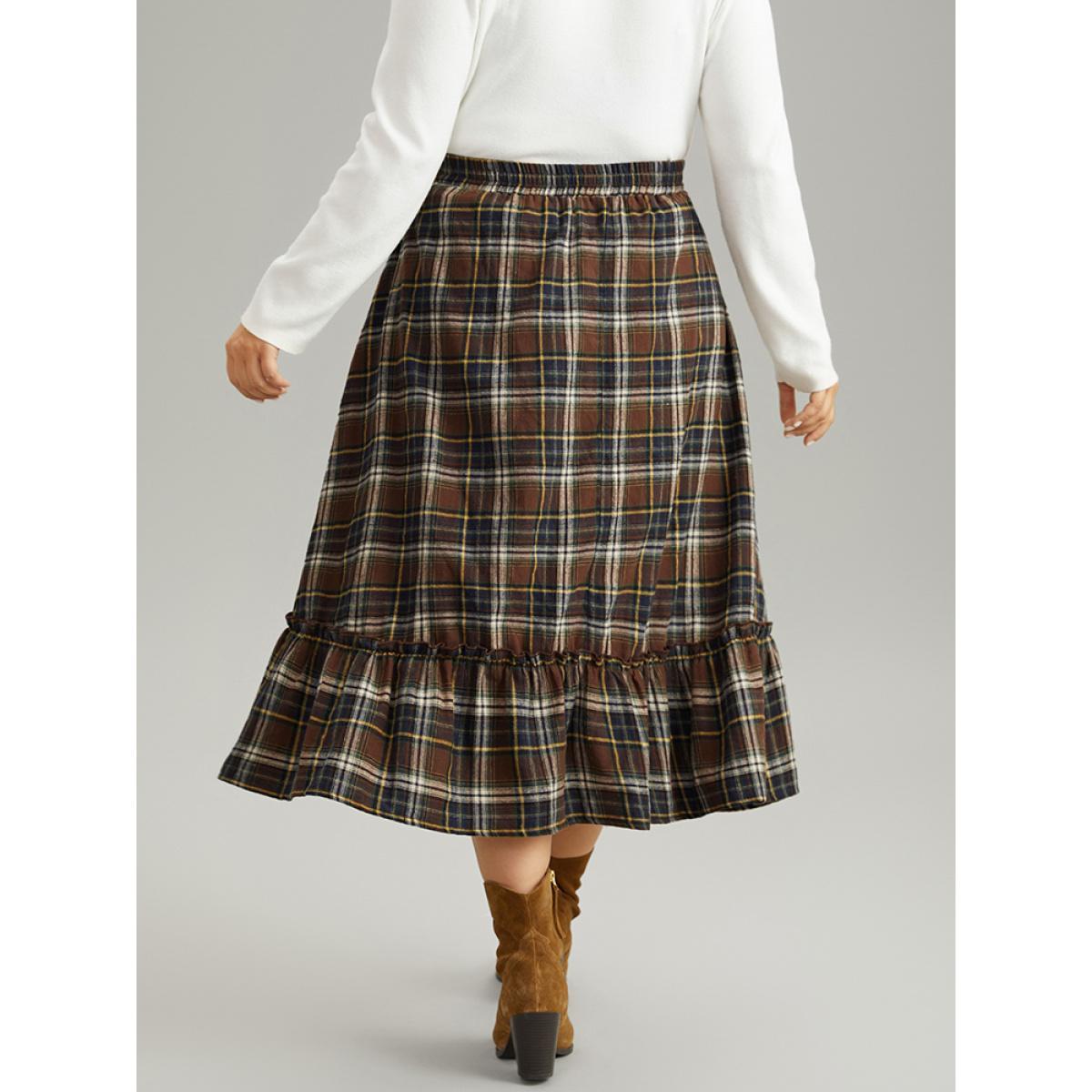 Plus Size Plaid Pocket Ruffle Layered Hem Skirt Women Multicolor Elegant Elastic Waist No stretch Pocket Dailywear Skirts BloomChic 26/4X Product Image