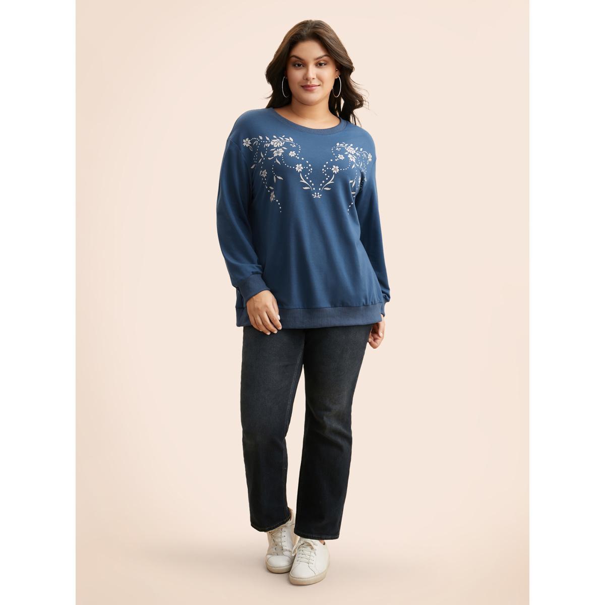 Plus Size Floral Print Drop Shoulder Sleeve Sweatshirt Women Navy Casual Patchwork Loose Round Neck Everyday Sweatshirts BloomChic 12/L Product Image