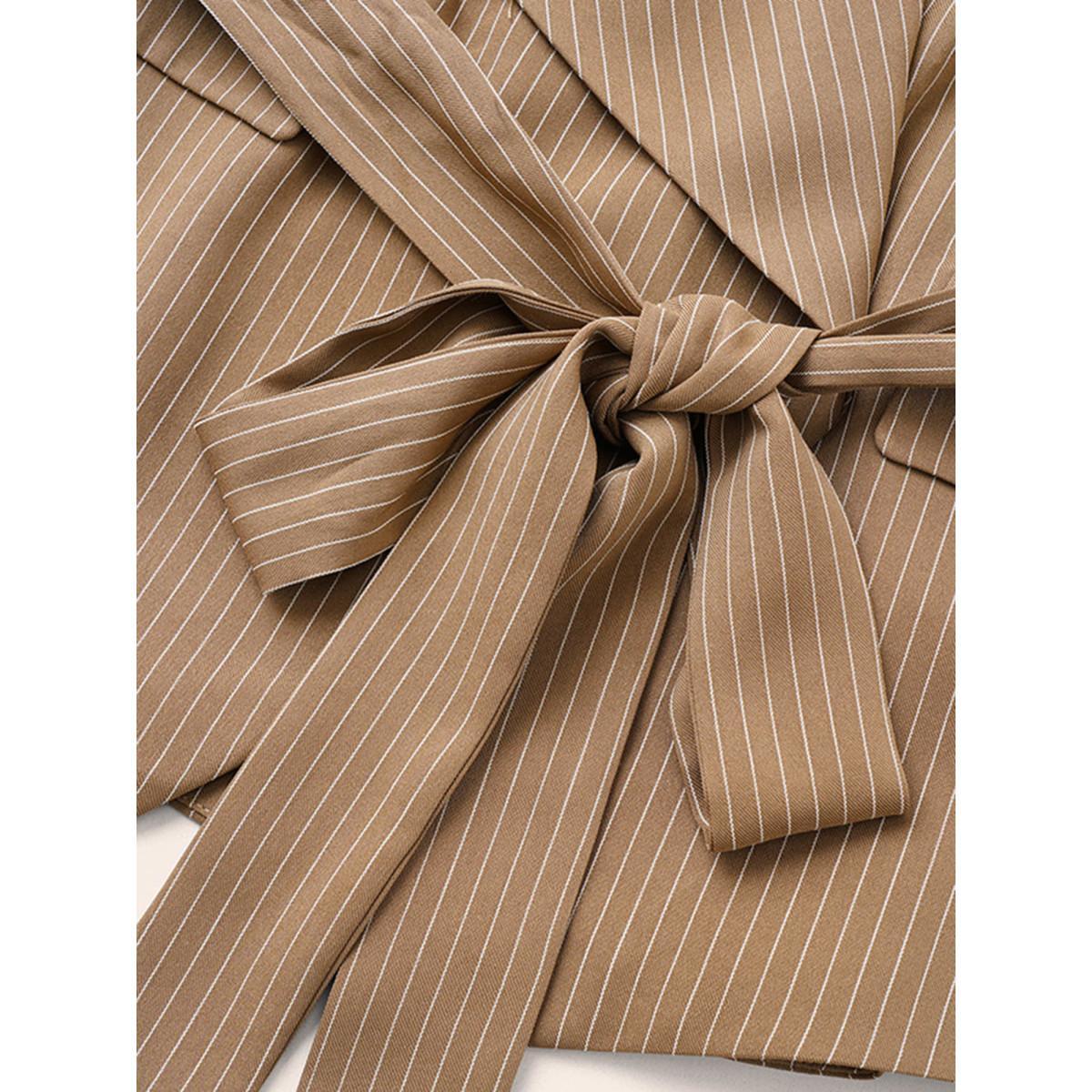 Plus Size Striped Asymmetrical Hem Belted Flap Pocket Blazer Bronze Women Work Striped Non Sleeve Long Sleeve Suit Collar 30/6X Open pocket with flap Belt At the Office Blazers BloomChic Product Image
