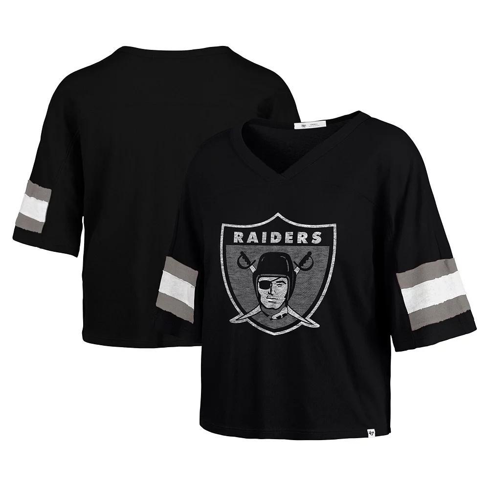 Women's '47 Black Las Vegas Raiders  Double Header Scout Cropped V-Neck T-Shirt, Size: Small, Lvr Black Product Image