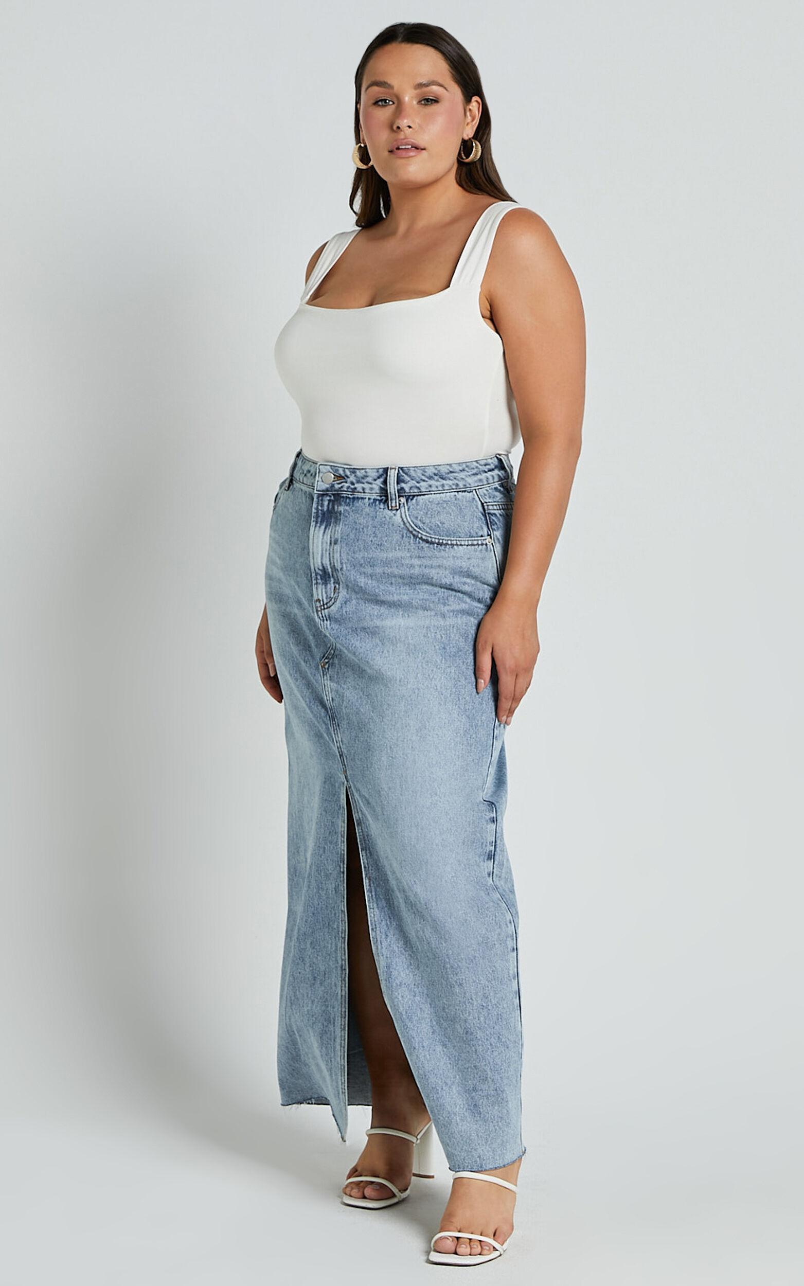 Kira Midi Skirt - Front Split Denim Skirt in Light Blue Wash Product Image