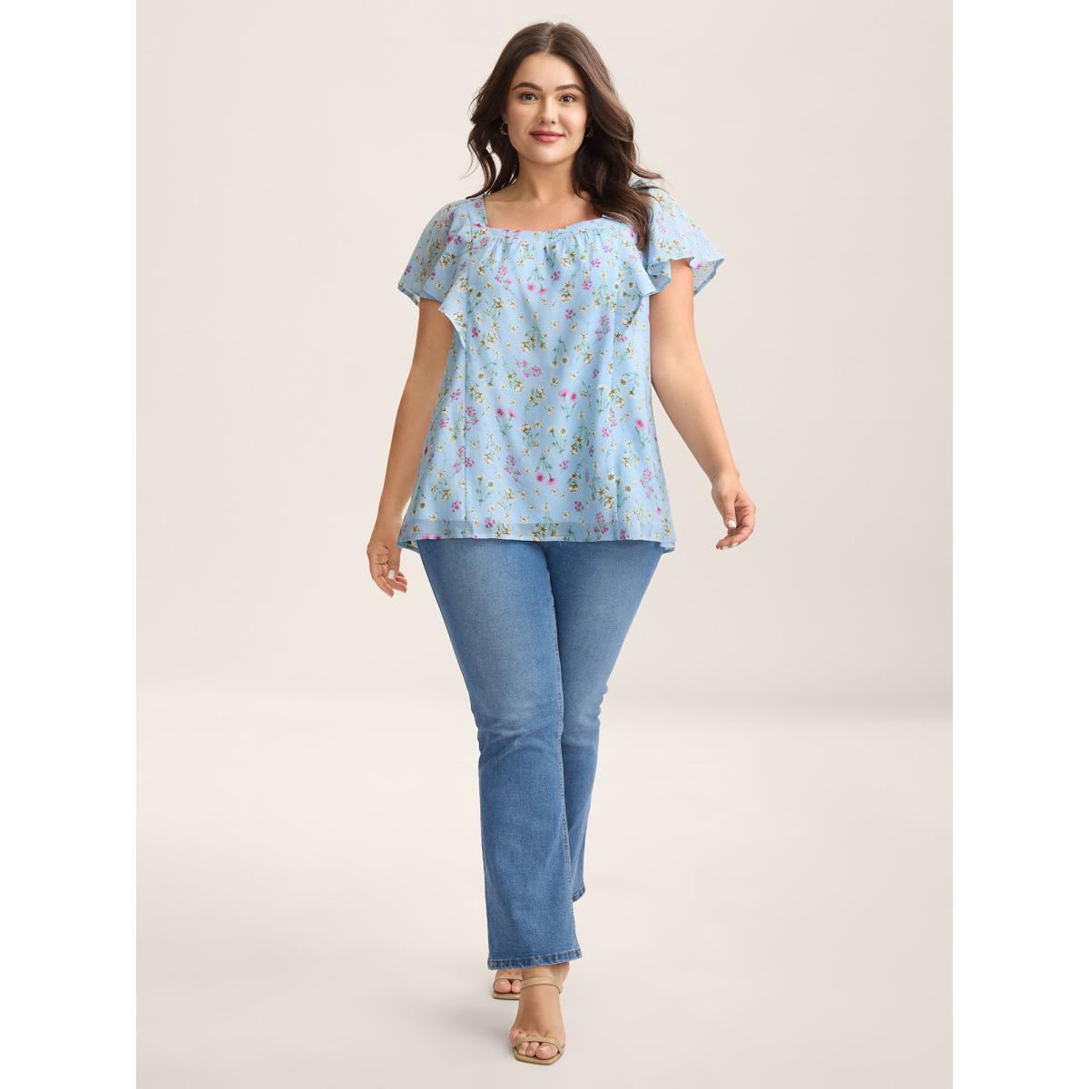 Plus Size LightBlue Floral Print Ruffled Flowy Blouse Women Cap Sleeve Square Neck Everyday-Elegant Blouses BloomChic 12/L Product Image