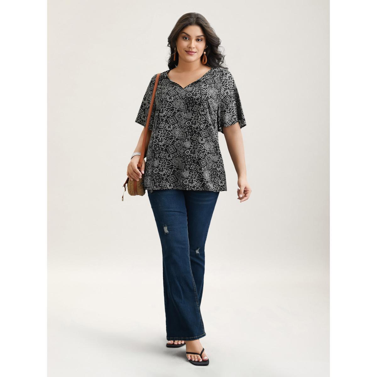 Plus Size Black Boho Print Neck-Tie Blouse Women Resort Short sleeve Ribbon-tied collar Vacation Blouses BloomChic 26/4X Product Image
