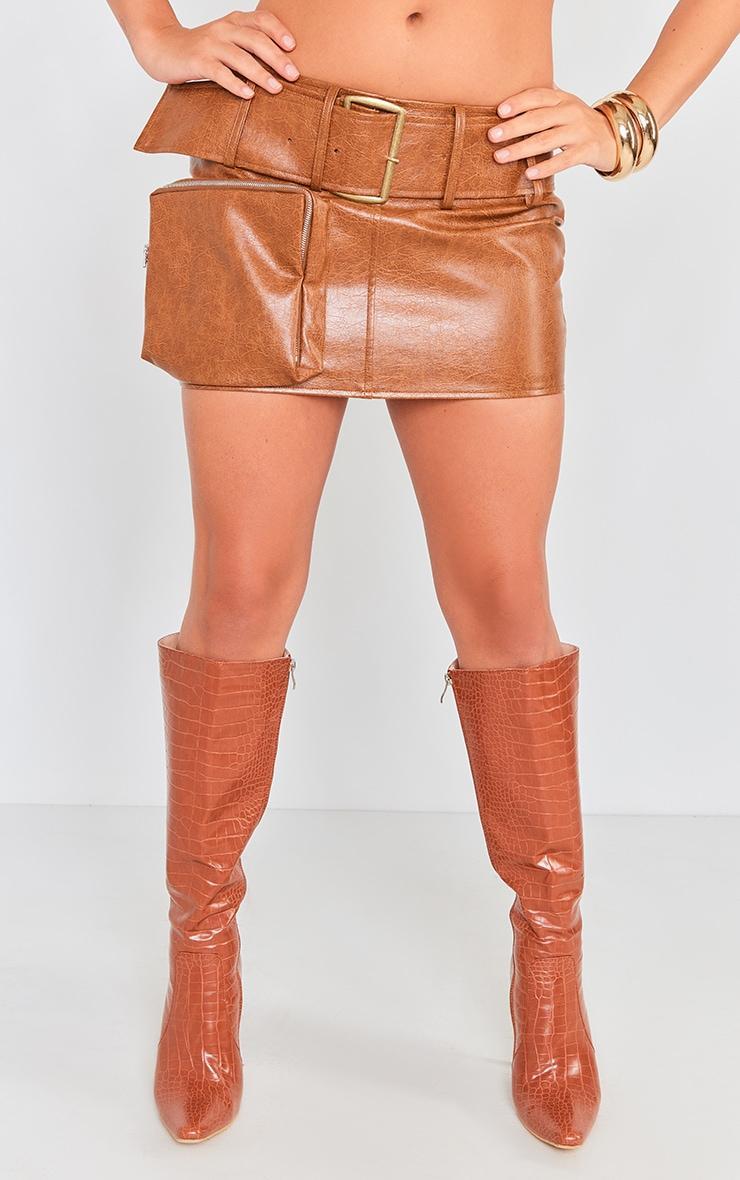 Premium Brown Washed Faux Leather Belt Zip Mini Skirt Product Image