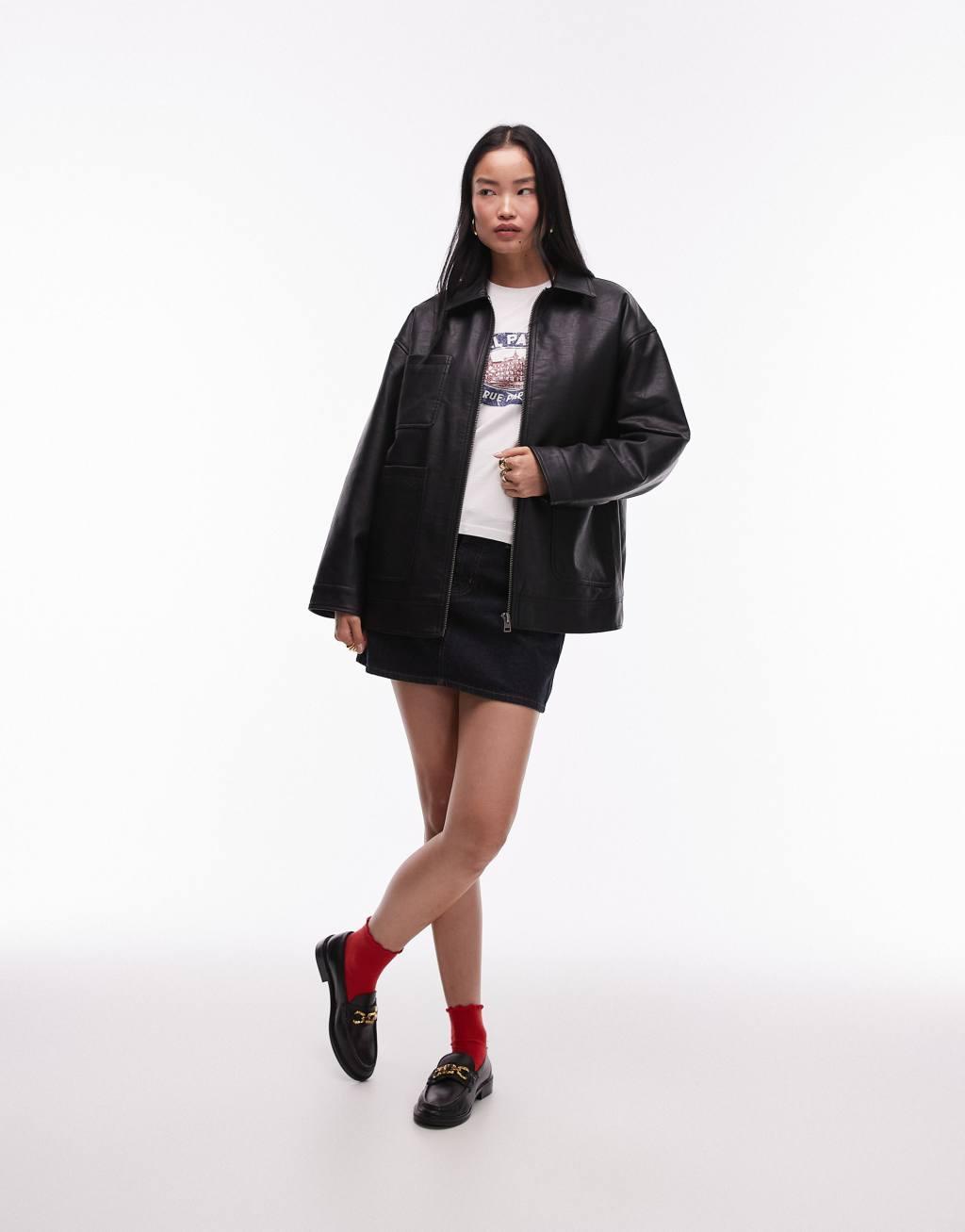Topshop faux leather zip up 80s jacket with patch pockets in black Product Image