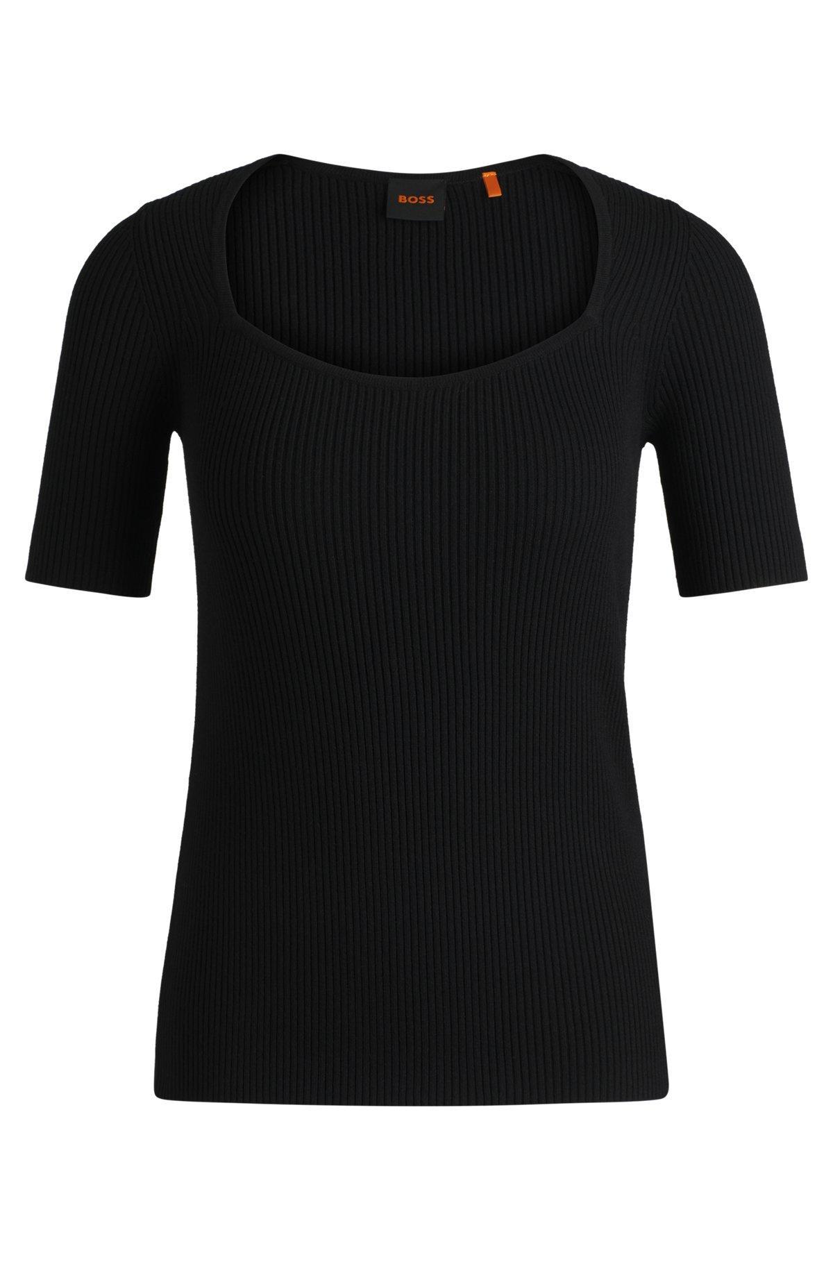 BOSS - Square-neck short-sleeved sweater in ribbed stretch fabric - Black Product Image