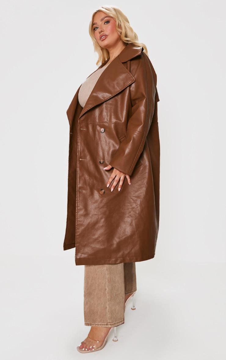 Plus Brown Button Detail Faux Leather Trench Coat Product Image