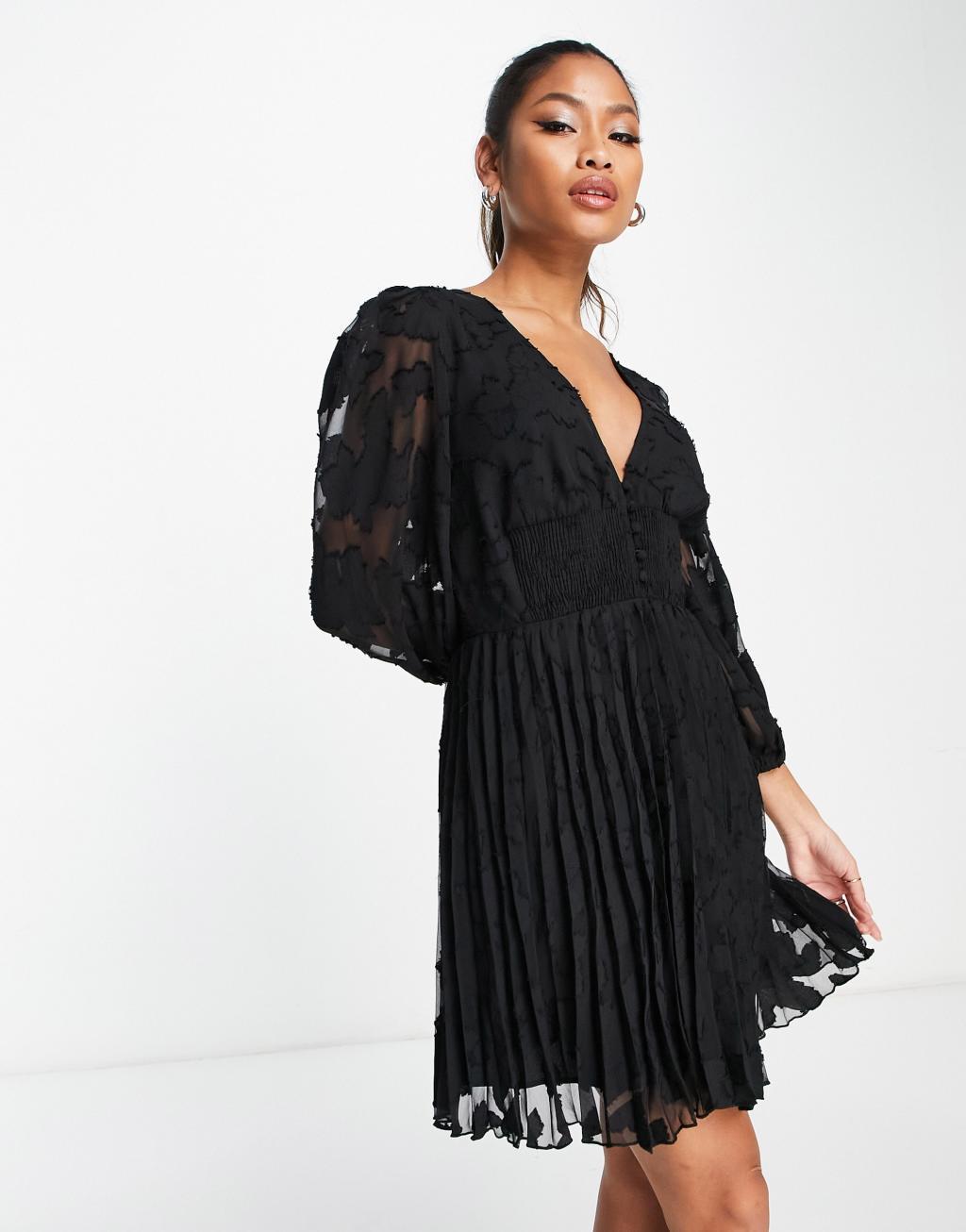 ASOS DESIGN burnout button up shirred waist pleated mini dress Product Image