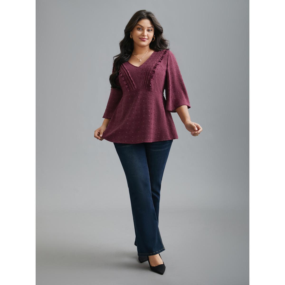 Plus Size Plum Ruffled Pleated Stretchy Waist Flowy Blouse Women Elegant Elbow-length sleeve V-neck Everyday Blouses BloomChic 18-20/2X Product Image