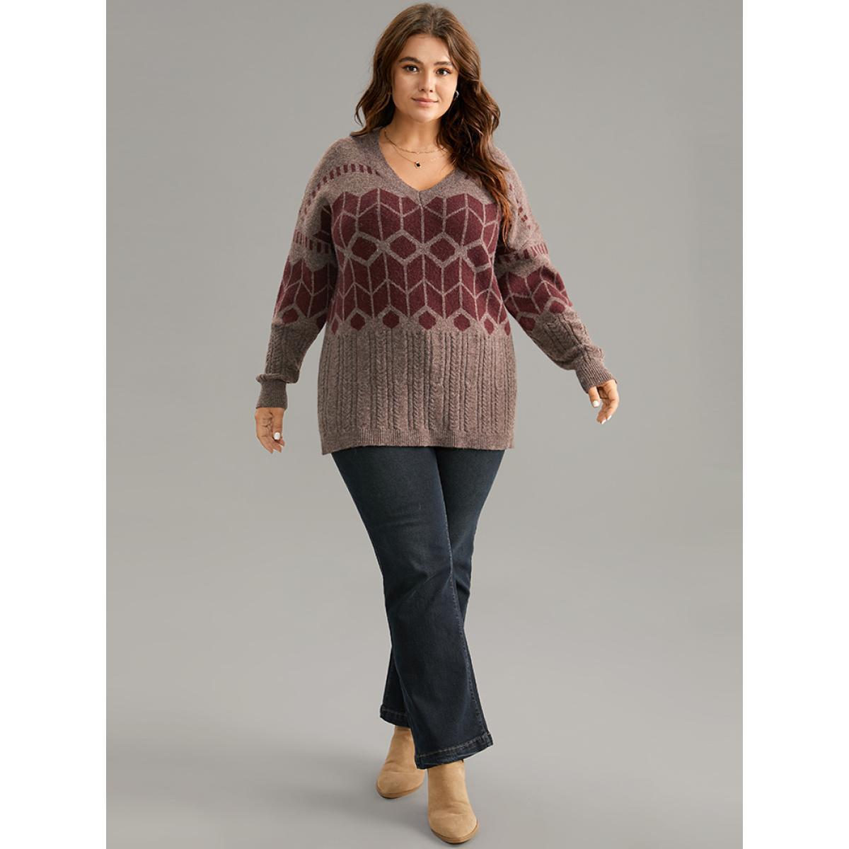 Plus Size Supersoft Essentials Geometric Knit Jacquard Pullover Burgundy Women Casual Loose Long Sleeve V-neck Dailywear Pullovers BloomChic 26/4X Product Image