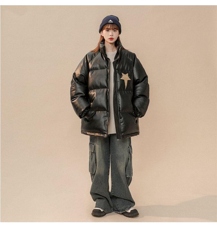 Stand Collar Star Print Crocodile Grain Faux Leather Zip Puffer Jacket Product Image