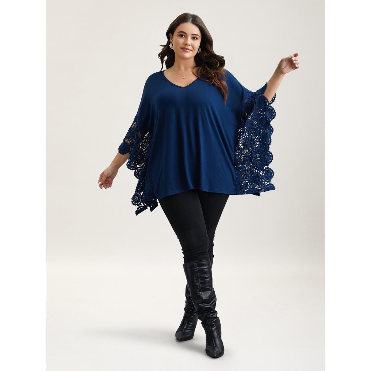 Plus Size V-Neck Crochet Lace Batwing Sleeve T-Shirt Indigo Women Elegant Patchwork V-neck Loose Everyday T-shirts BloomChic 28/5X Product Image