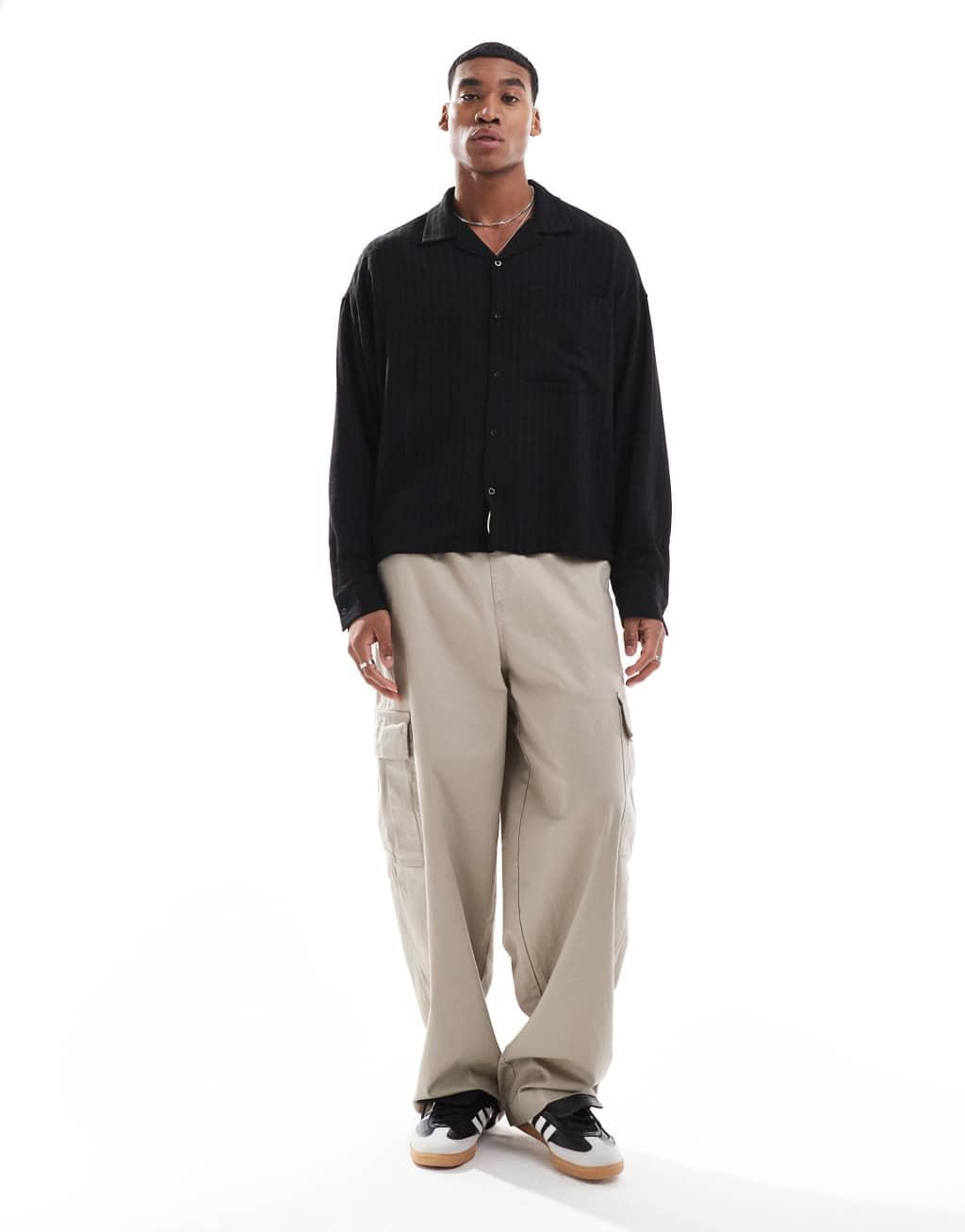 Pull&Bear textured long sleeve shirt in black Product Image