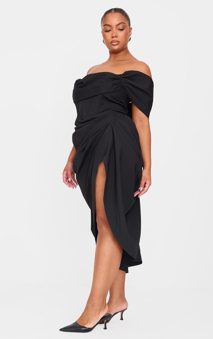 Plus Black Corset Bardot Draped Midi Dress Product Image