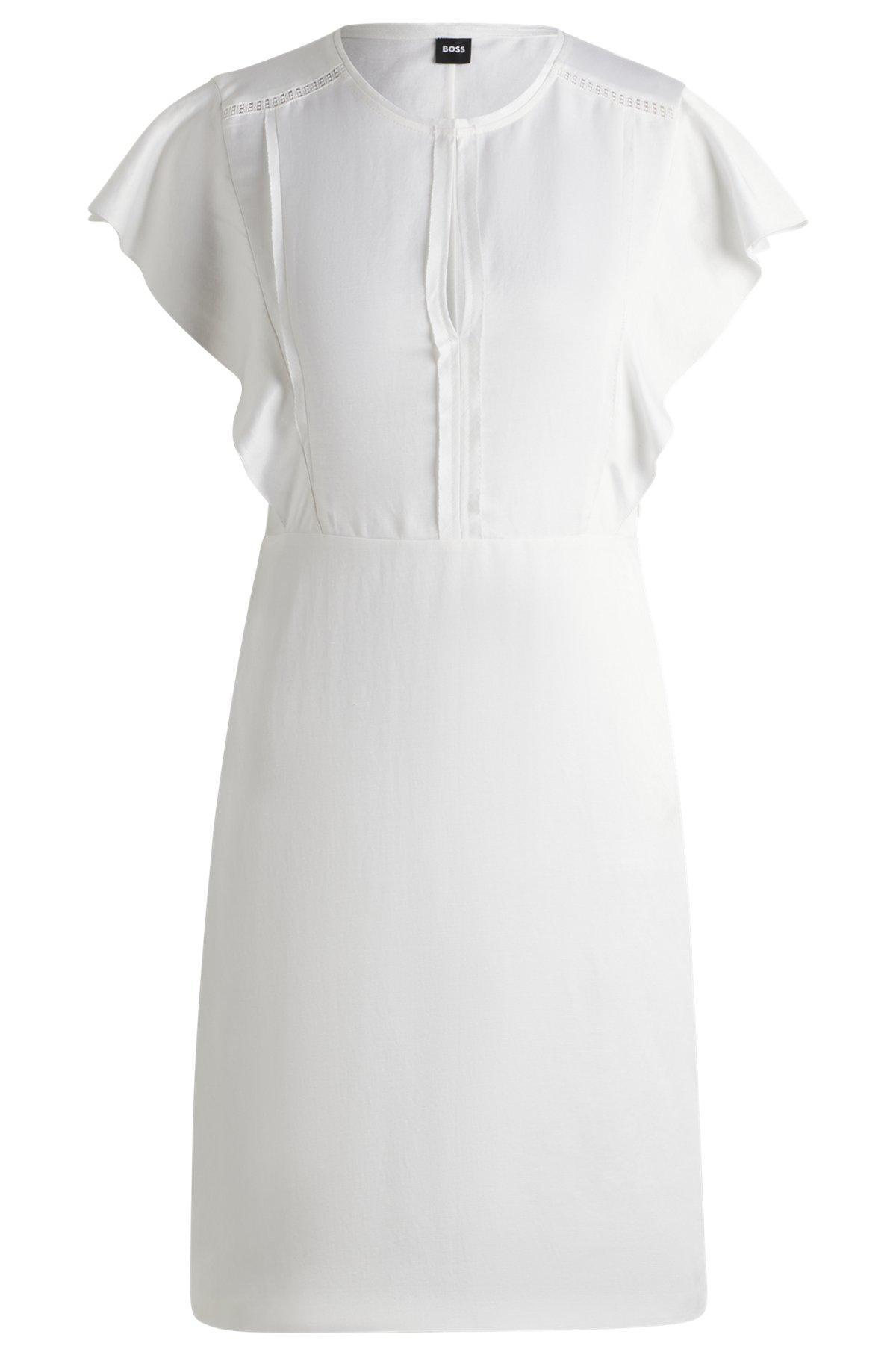 BOSS - Keyhole-neckline dress with frilled sleeves - White Product Image