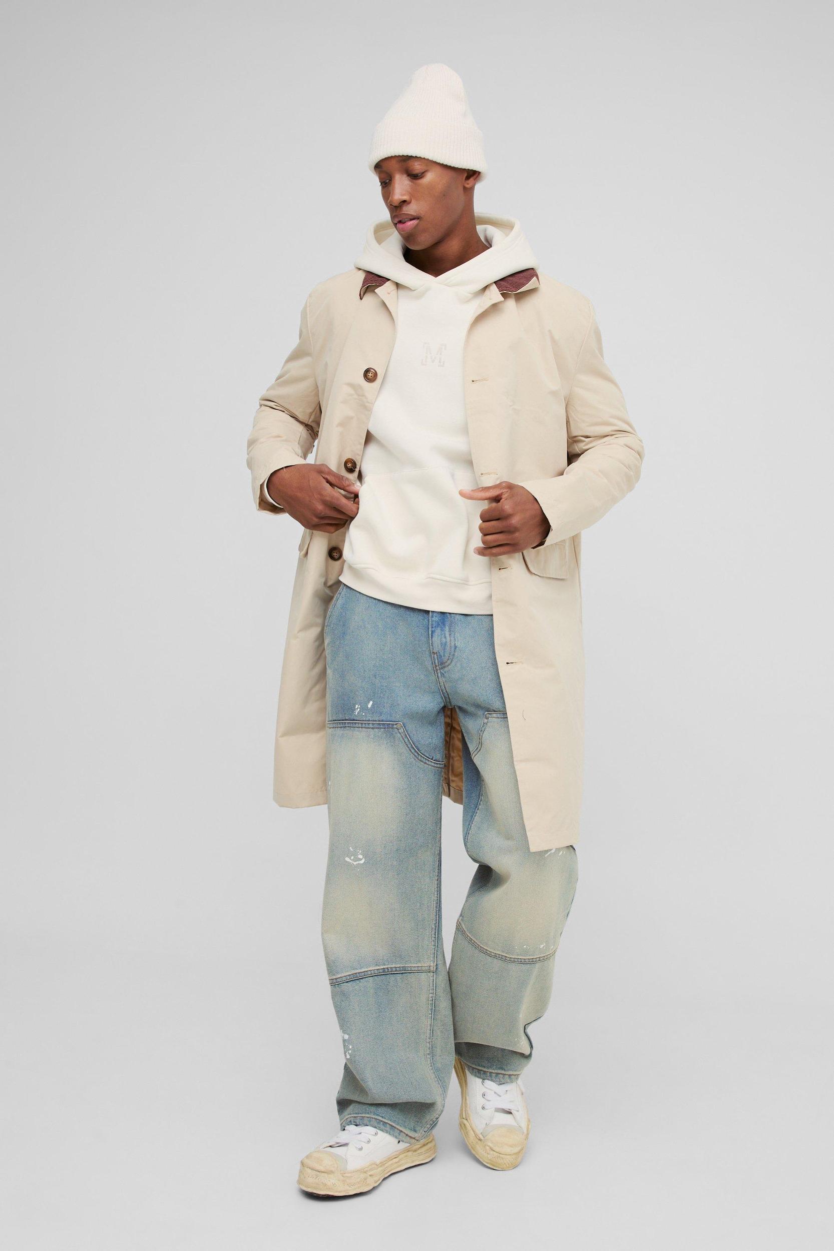 Mens Beige Cord Collar Button Through Mac, Beige Product Image