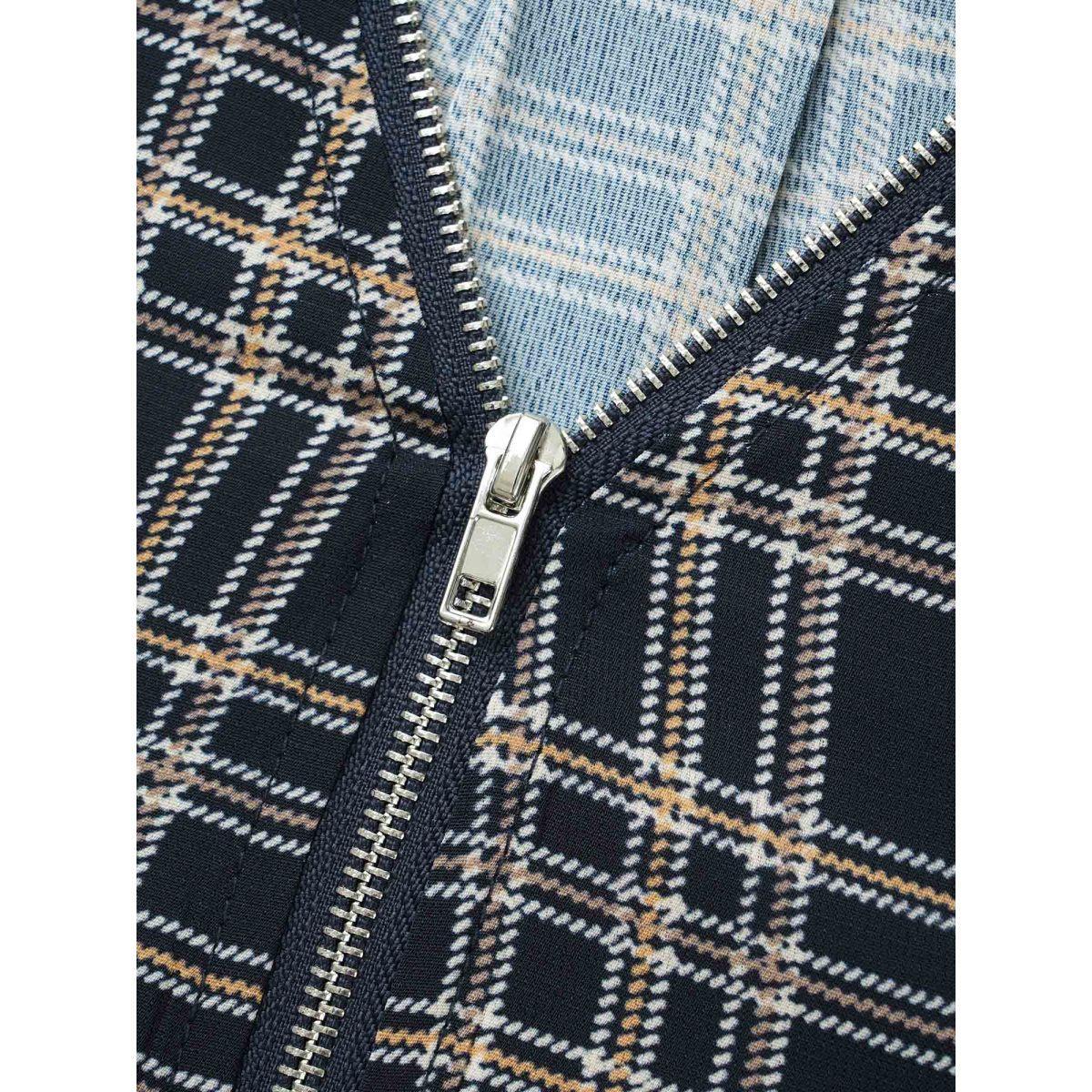 Plus Size Indigo Plaid Zipper Front Lantern Sleeve Blouse Women Elegant Long Sleeve V-neck Everyday Blouses BloomChic 14-16/1X Product Image