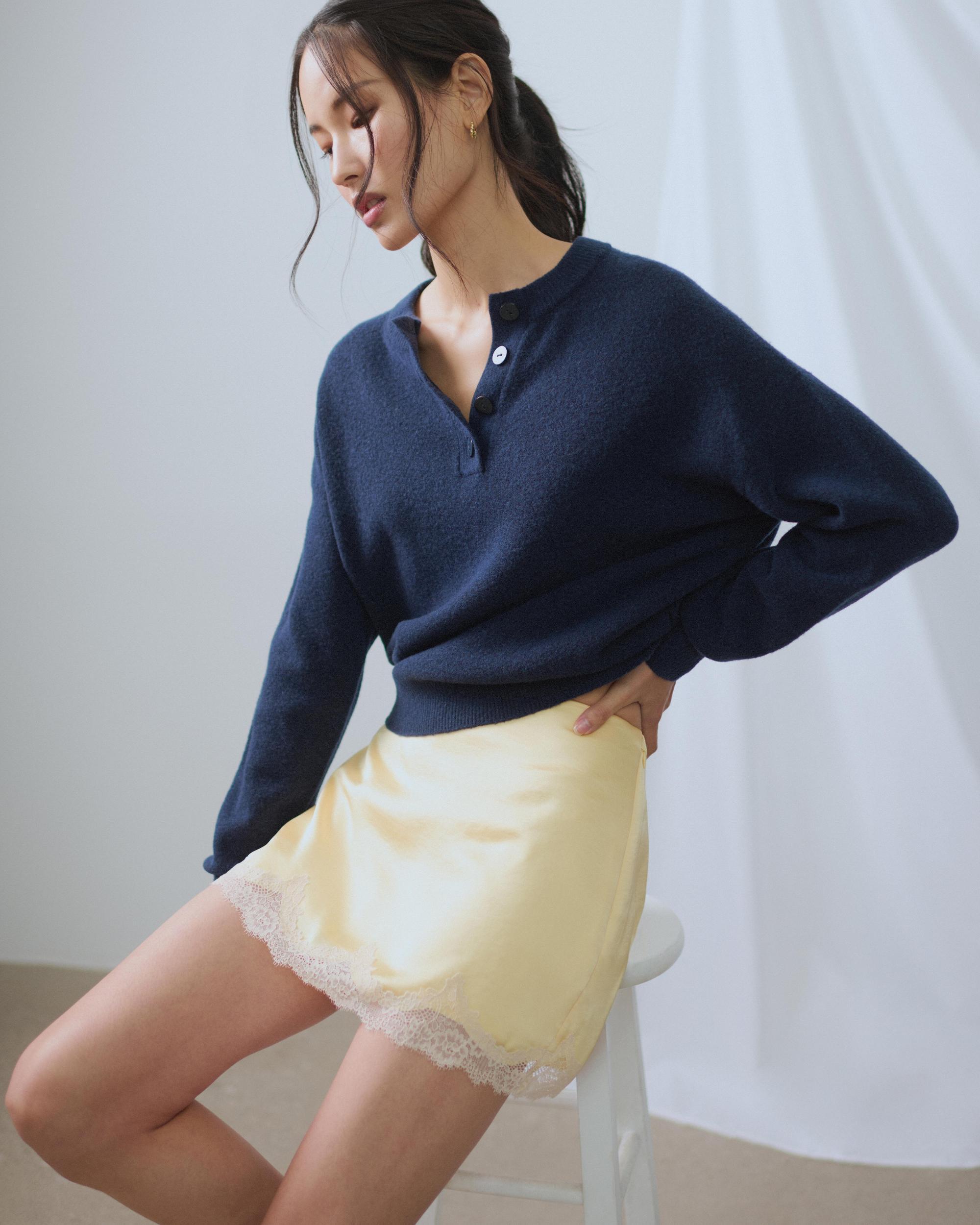 High Rise Satin Lace-Hem Mini Skirt Product Image
