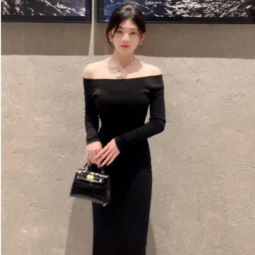 Long-Sleeve Off-Shoulder Plain Maxi Sheath Dress Product Image
