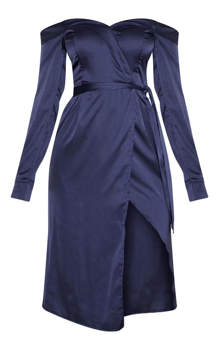Navy Satin Bardot Lapel Detail Wrap Midi Dress Product Image