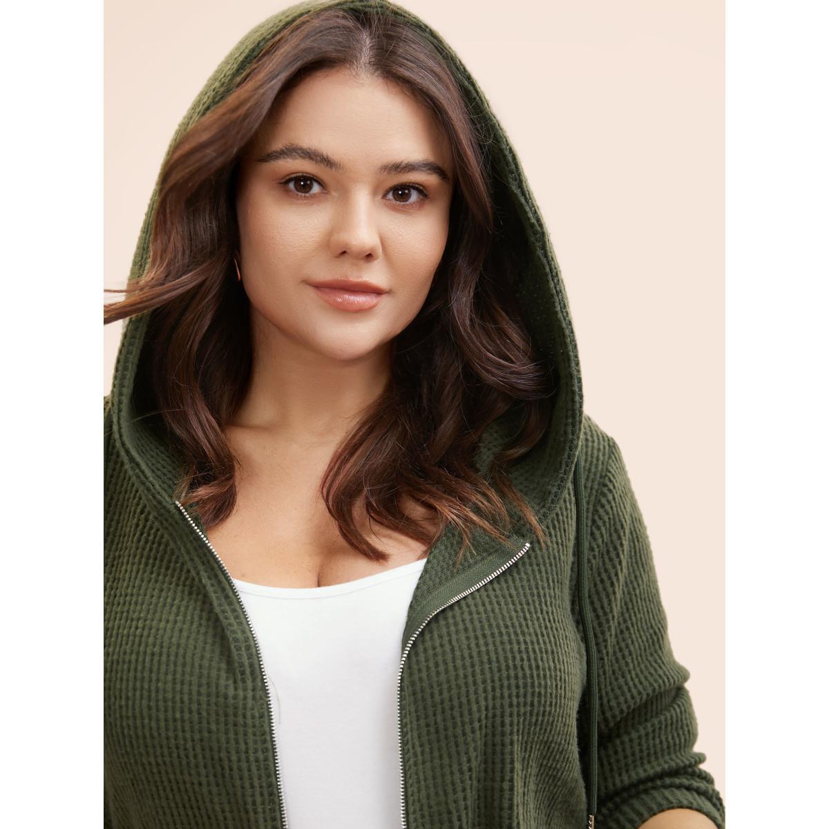 Plus Size Texture Pocket Drawstring Hooded Sweatshirt Women ArmyGreen Casual Texture Hooded Everyday Sweatshirts BloomChic 26/4X Product Image