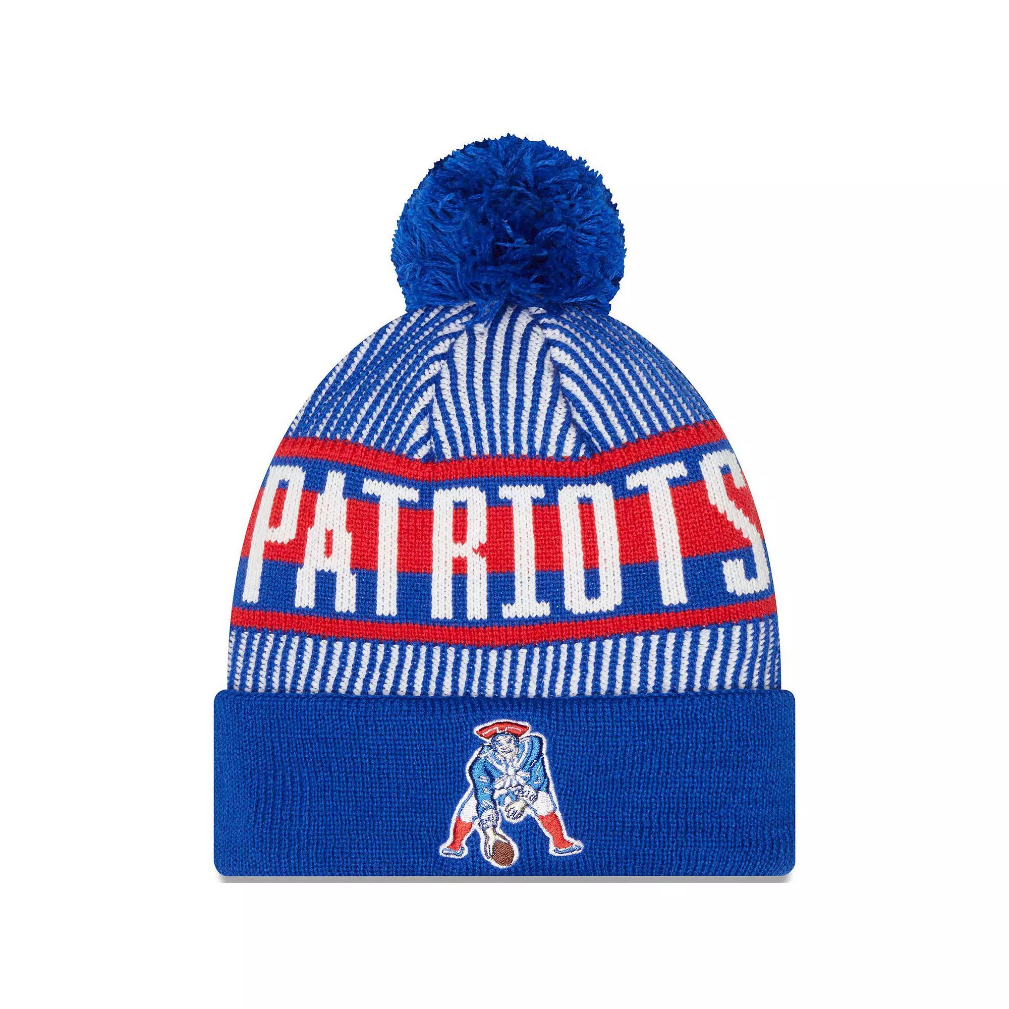 Men's New Era Royal New England Patriots Striped Cuffed Knit Hat with Pom, Blue Product Image