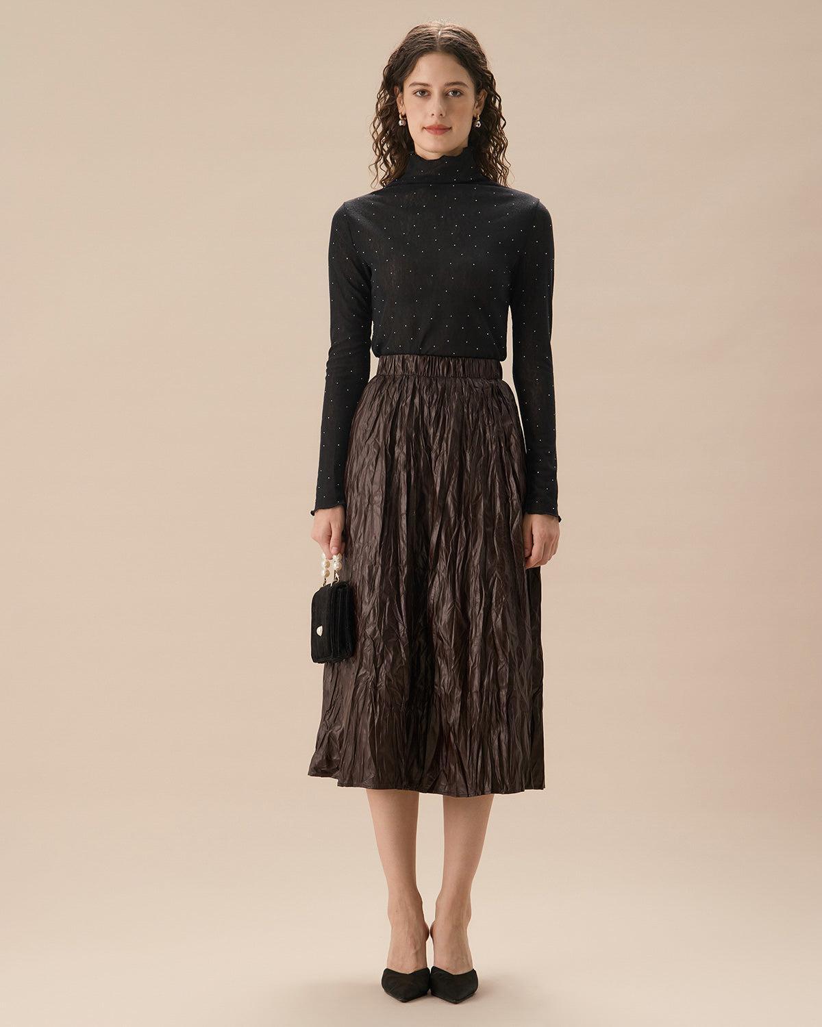 Coffee Elastic Waist Ruched Midi Skirt Product Image