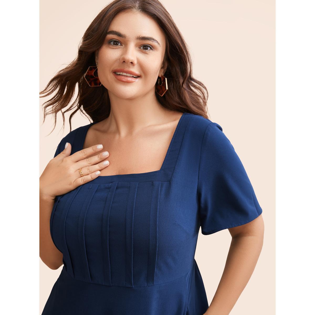 Plus Size Solid Square Neck Pleated Midi Dress Indigo Women Elegant Tucked seam Square Neck Short sleeve Curvy BloomChic 22-24/3X Product Image
