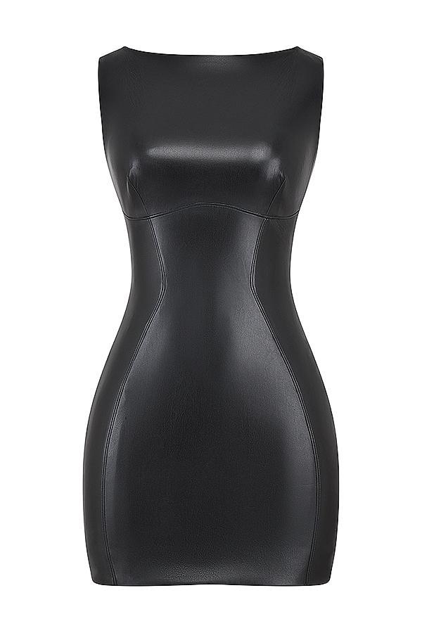 Leola Black Vegan Leather Mini Dress Product Image