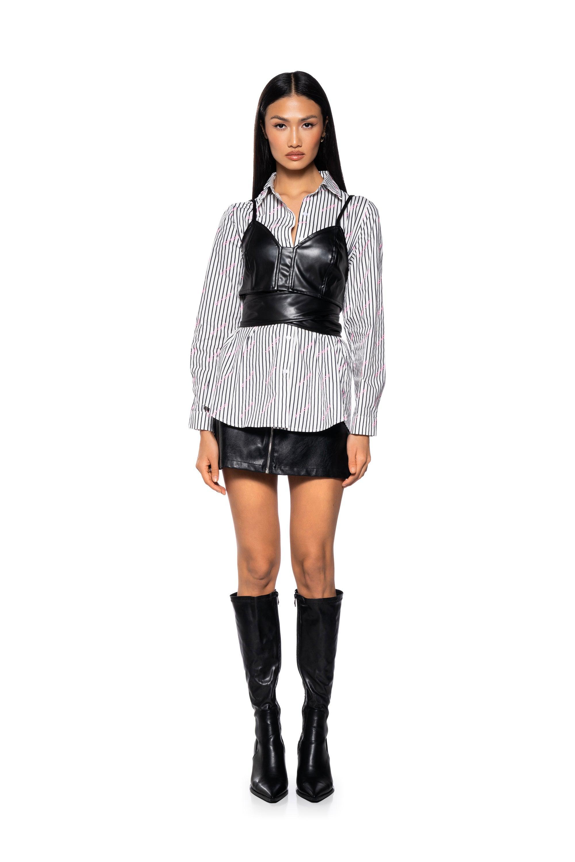 NOT YOURS BRALETTE DETAIL LAYERED BUTTON DOWN BLOUSE Product Image