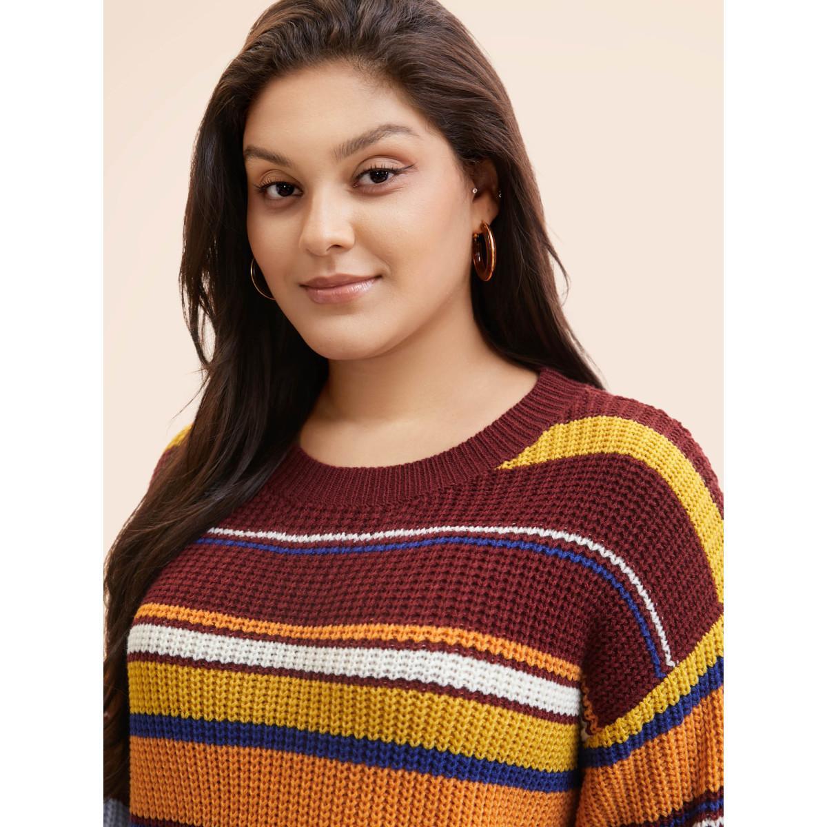 Plus Size Striped Contrast Drop Shoulder Sleeve Pullover Multicolor Women Casual Long Sleeve Round Neck Everyday Pullovers BloomChic 10/M Product Image
