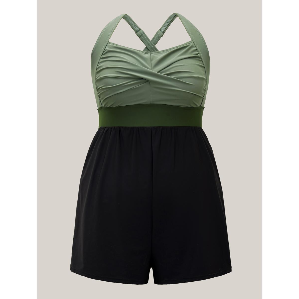 Plus Size Patchwork Contrast Crossover One Piece Swimsuit Women's Swimwear ArmyGreen Beach Twist Curve Bathing Suits High stretch One Pieces BloomChic 22-24/3X Product Image