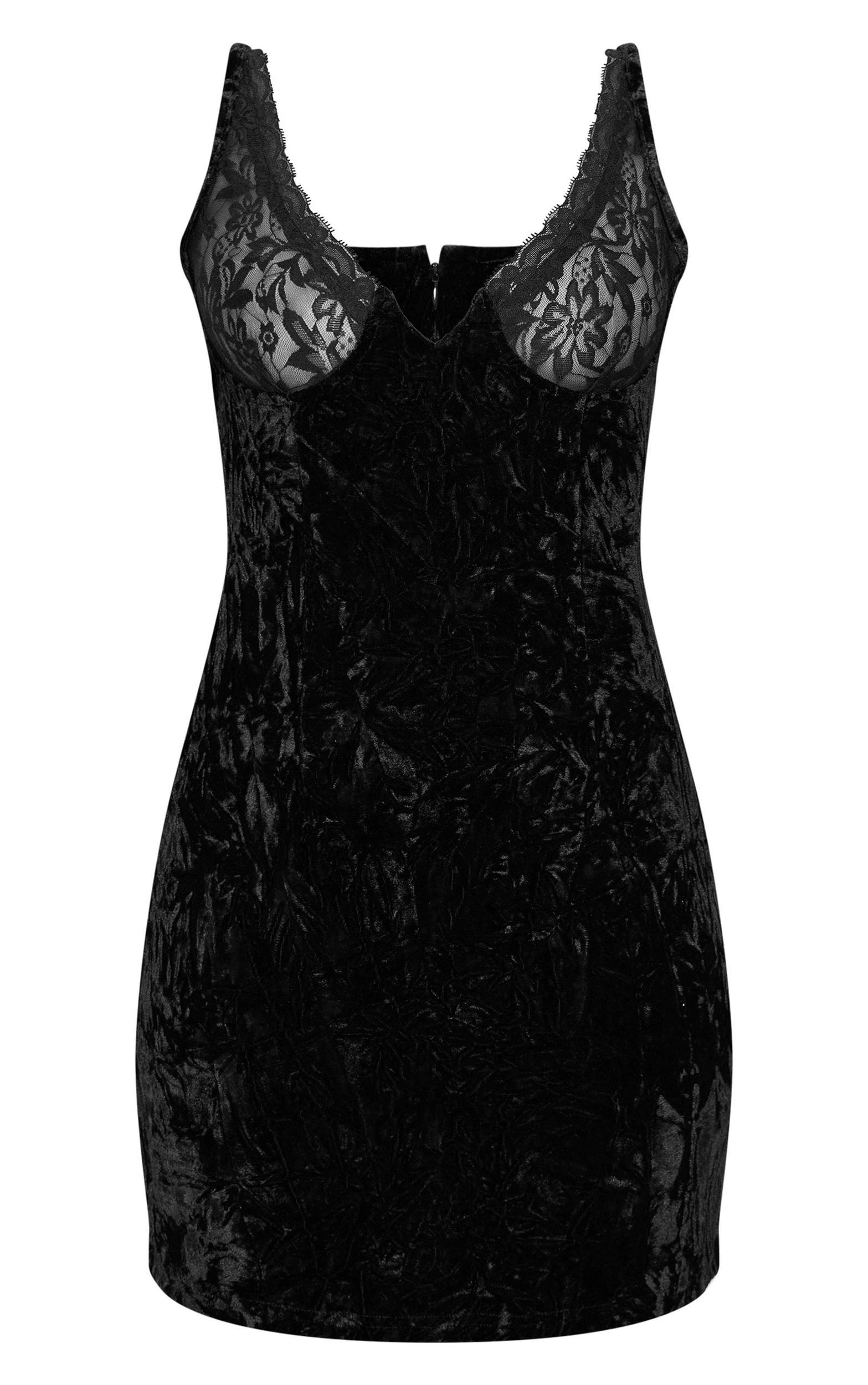 Petite Black Crushed Velvet Lace Detail Mini Dress Product Image