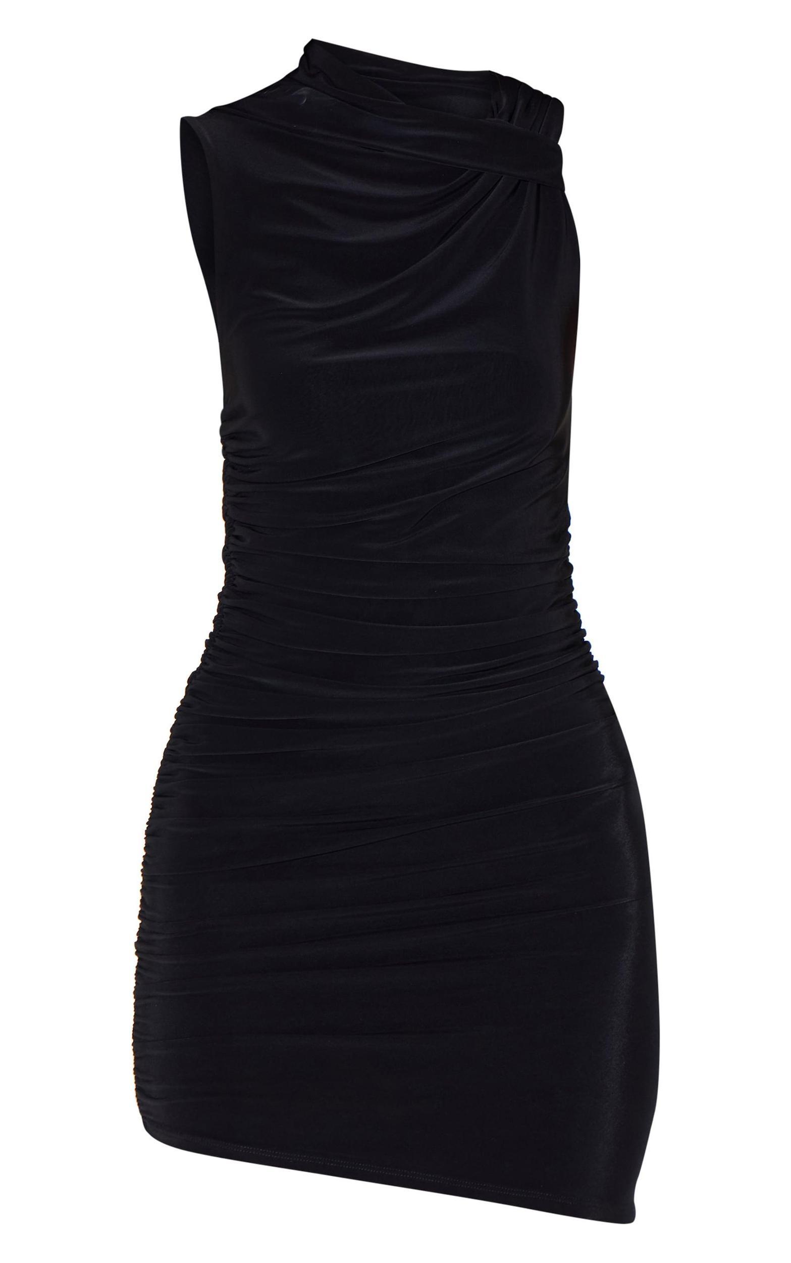  Black Double Layer Slinky Ruched Bodycon Dress Product Image