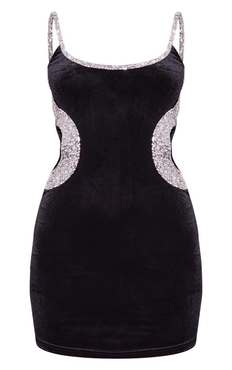 Black Velvet Diamante Trim Detail Strappy Bodycon Dress Product Image