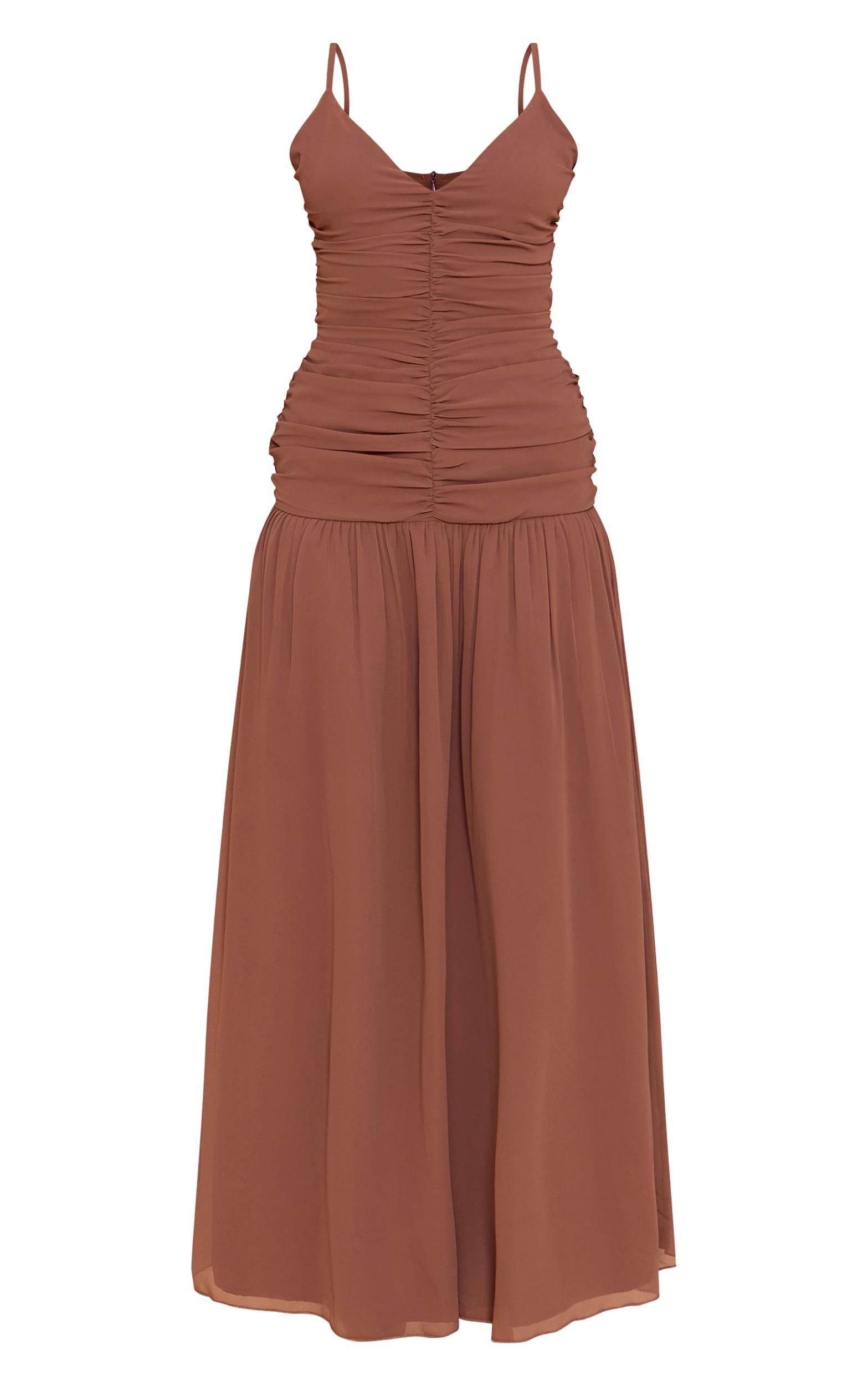 Chocolate Chiffon Ruched Dropped Waist Maxi Dress Product Image