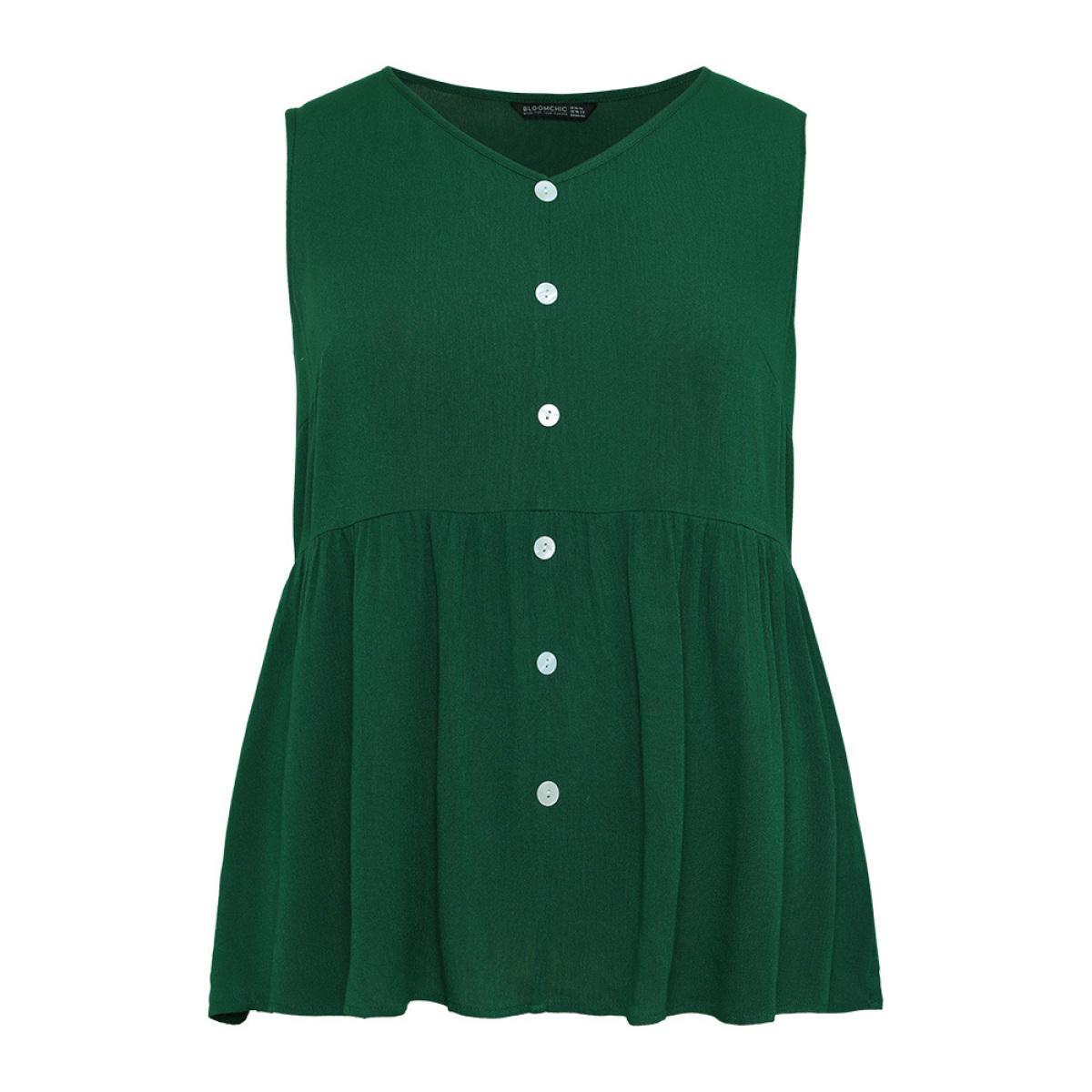 Plus Size Plain Flutter Hem Button Detail Tank Top Women DarkGreen Elegant Button V-neck Dailywear Tank Tops Camis BloomChic 28/5X Product Image