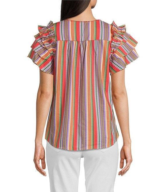 Calessa Petite Size Multi Stripe Split V-Neck Short Ruffle Sleeve Tunic Product Image