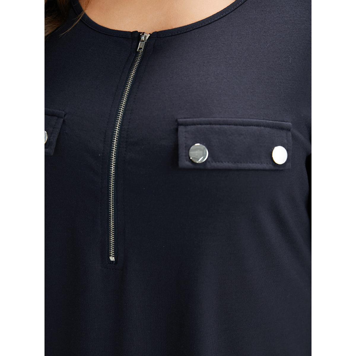 Plus Size Plain Half Zip Button Detail T-shirt Midnight Women Casual Plain Plain Open Front Everyday T-shirts BloomChic 14-16/1X Product Image