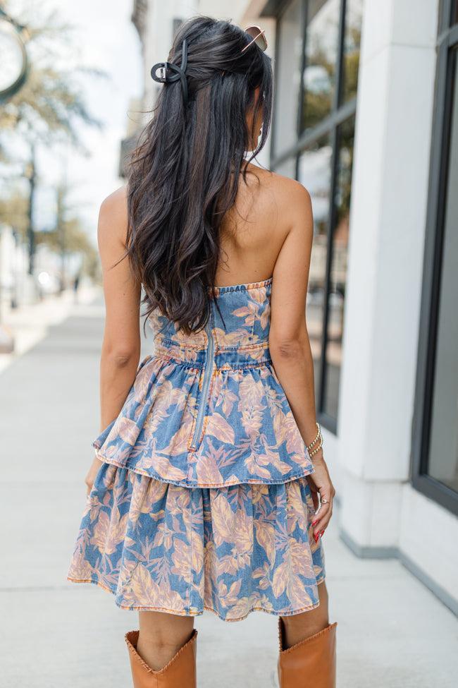 Next Chapter Medium Wash Printed Denim Strapless Dress FINAL SALE Product Image