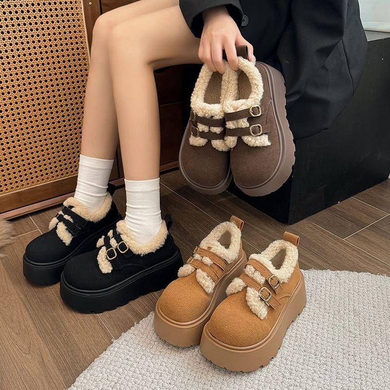 Buckle Strap Fleece Trim Platform Loafers Product Image