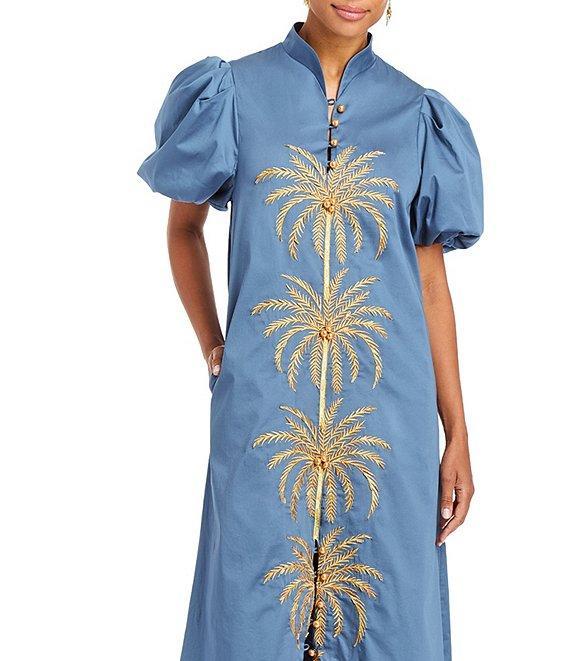 Mestiza New York Elliana Poplin Palm Leaf Embroidery Mandarin Collar Short Puff Sleeve Midi Dress Product Image