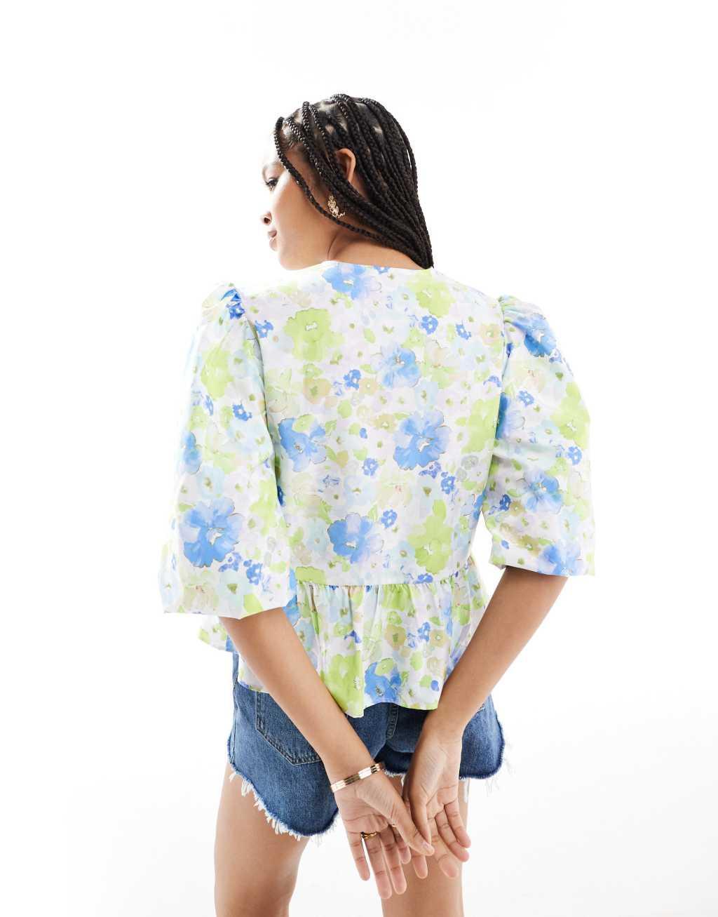 ASOS DESIGN peplum tie shirt top in green & blue floral Product Image