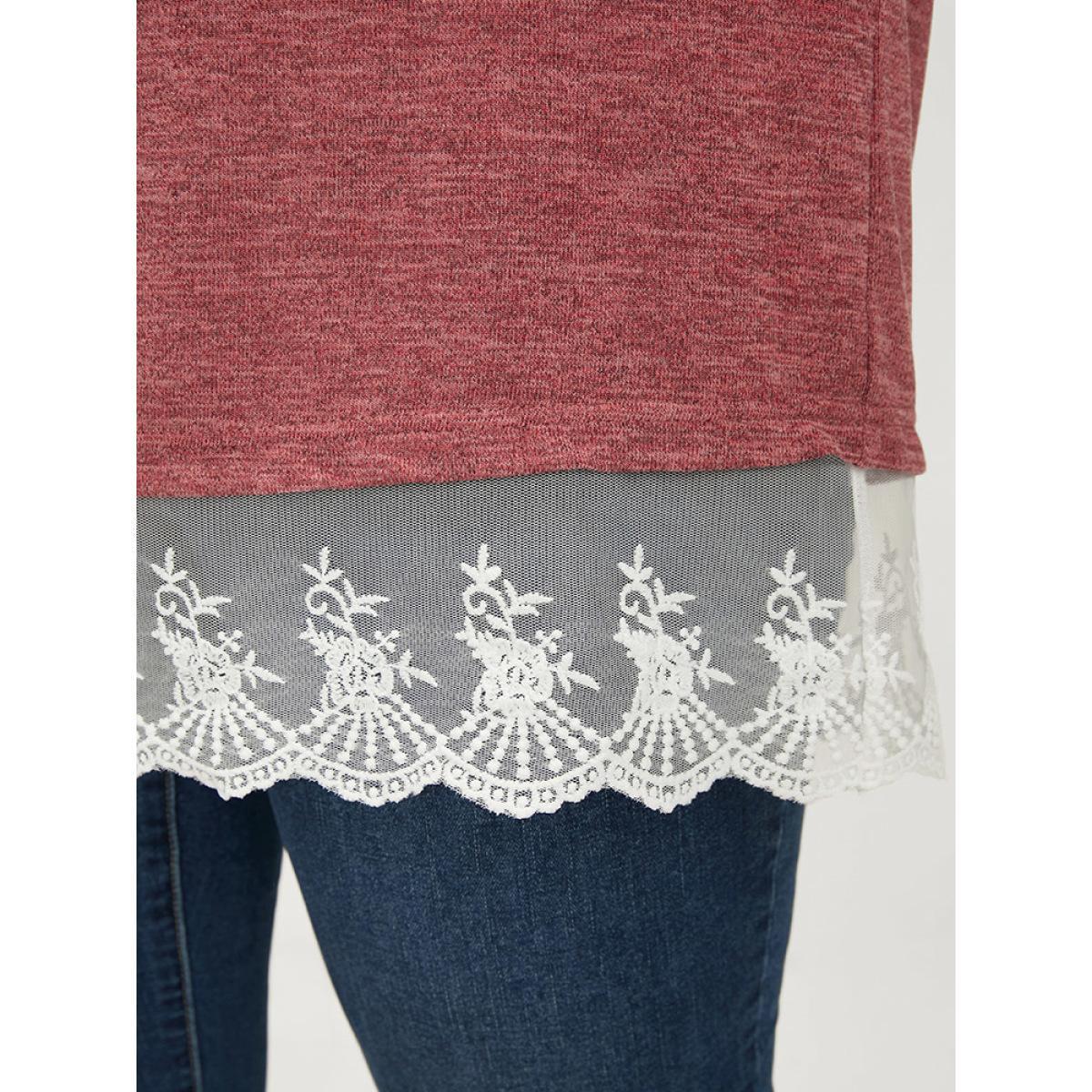 Plus Size Solid Round Neck Lace Hem Long Tee Raspberry Women Elegant Patchwork Plain Round Neck Dailywear T-shirts BloomChic 28/5X Product Image