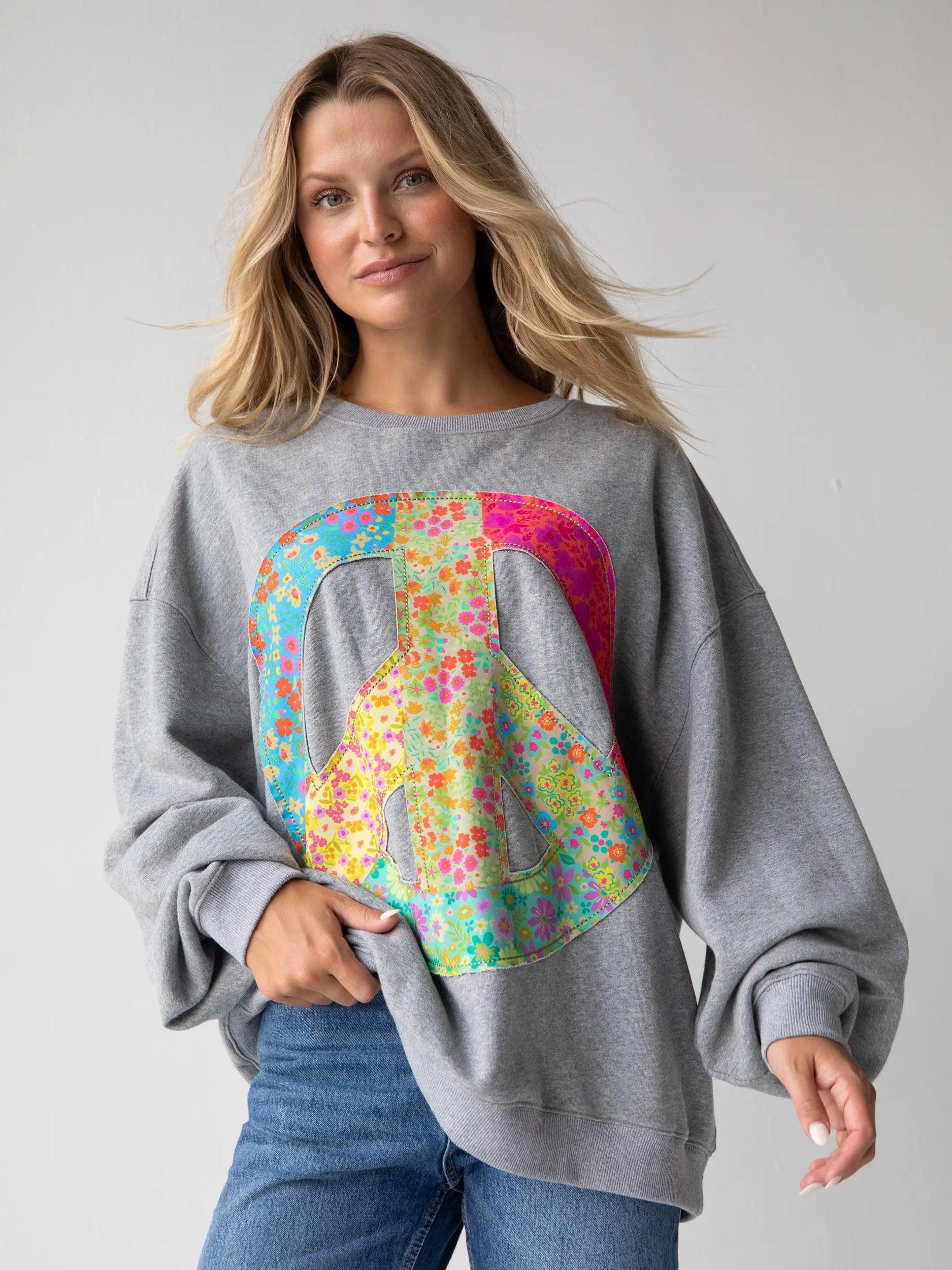 Applique Crewneck Sweatshirt - Heather Grey Peace Sign Product Image