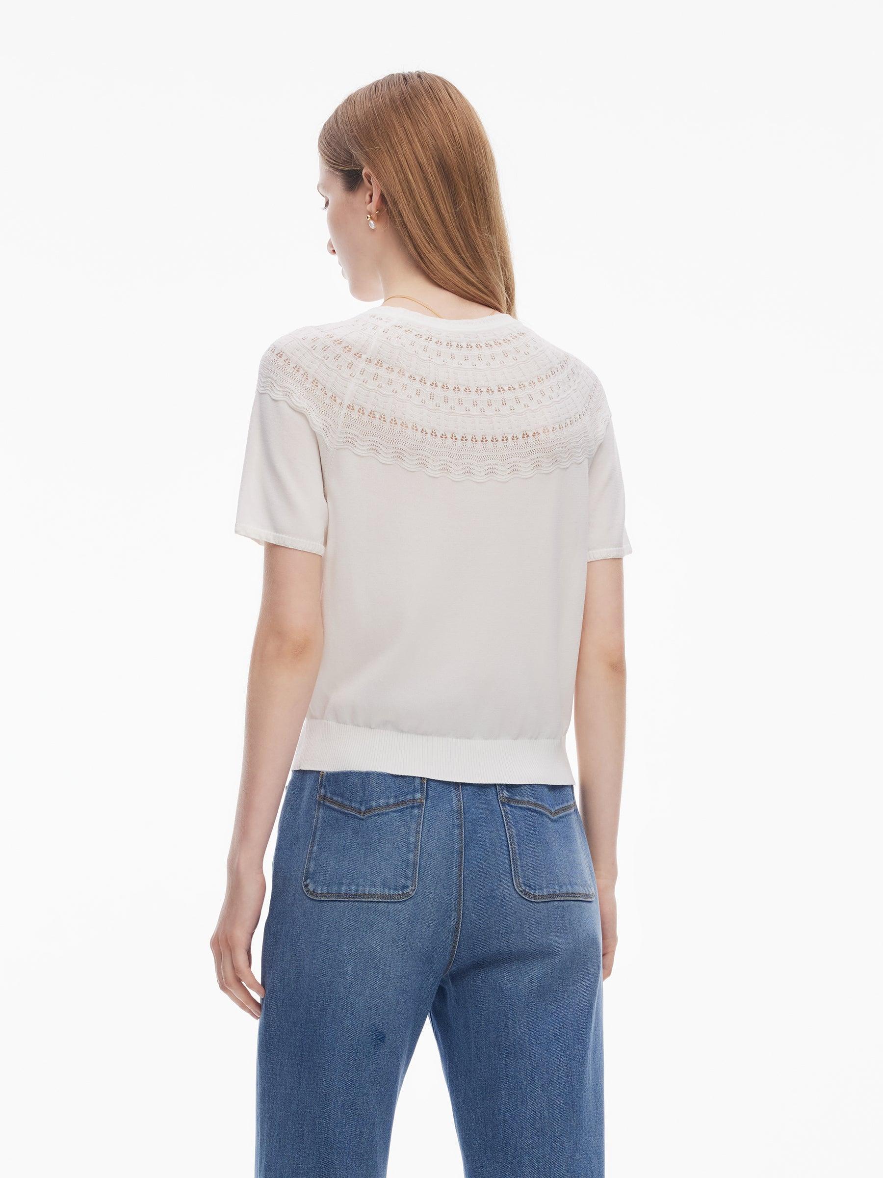 Tencel Blend Openwork Women Ruffle Round Neck Knit Top Product Image