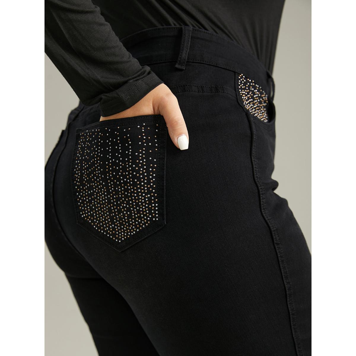 Plus Size Rhinestone Detail Straight Leg Black Wash Jeans Women DimGray Casual Plain Rhinestone detailing High stretch Pocket Jeans BloomChic 18/2X Product Image